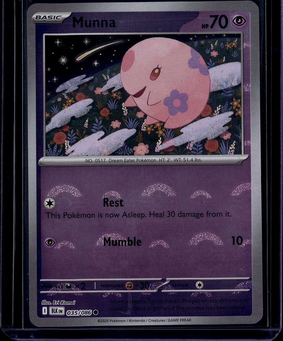 2025 Pokemon Scarlet Violet Black Bolt 035/086: Munna 035/086 is a Common Basic Psychic-type Pokemon card from the 2025 Scarlet & Violet: Black Bolt set. It is available in multiple variants including Base, Reverse Holo, Poke Ball Reverse Holo,
