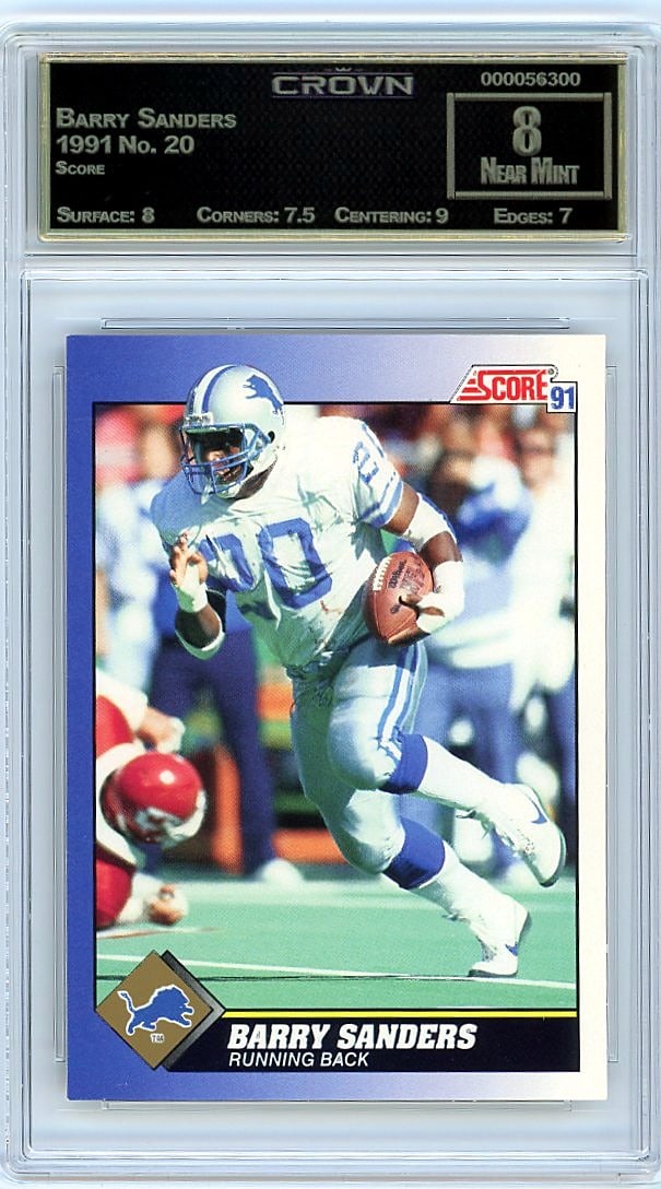1991 Score Barry Sanders #20 Crown Graded 8: This is a 1991 Score Barry Sanders card #20, professionally graded and authenticated by Crown. The card captures one of football's most electrifying players during his prime years, making it a