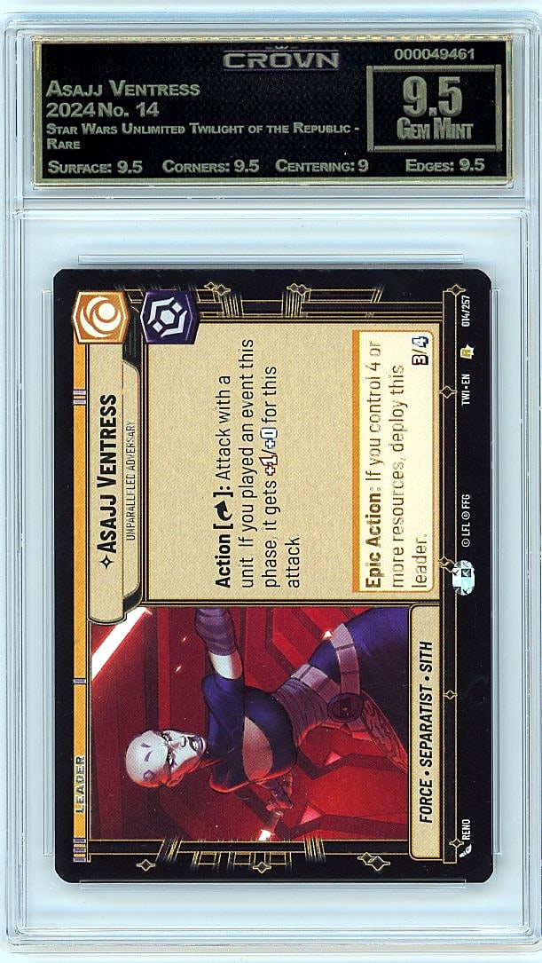 2024 Asajj Ventress Star Wars Unlimited Twilight: Graded by Crown Grading. Grade: 9.50. Gem Mint