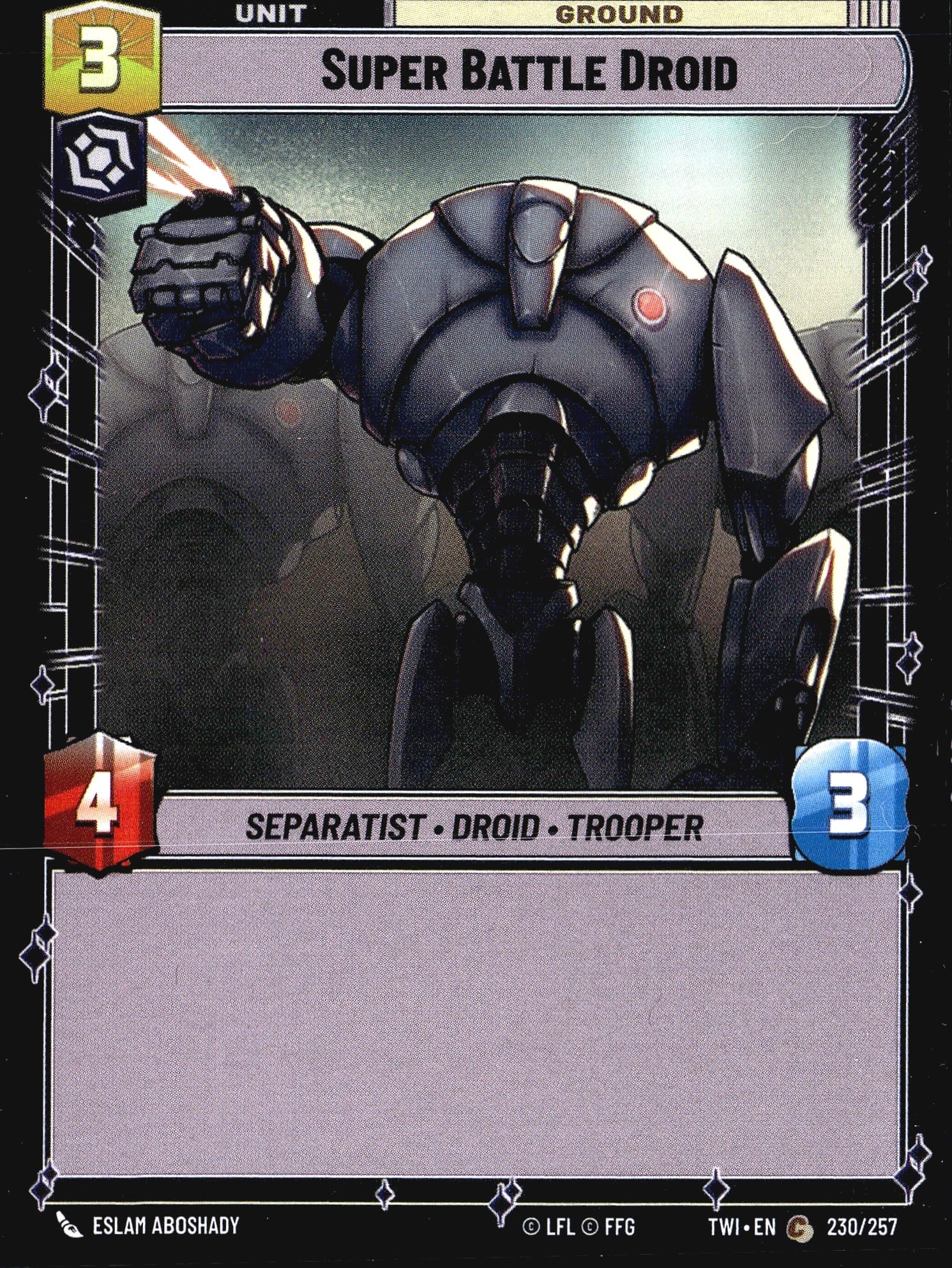 2024 FFG Star Wars Unlimited Twilight of the: This listing is for the Super Battle Droid unit card (#230/257) from the Star Wars Unlimited Trading Card Game set Twilight of the Republic (TWI). The card is a Ground Unit with a cost of 3,