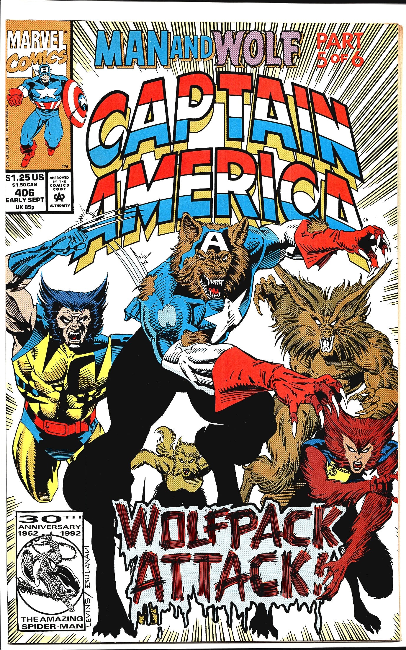 1992 Marvel Comics Captain America #406 Comic: Captain America #406 from Marvel Comics, published Early September 1992, priced at $1.25 US / $1.50 CAN / 85p UK. This issue is Part 5 of 6 in the 'Man and Wolf' story arc, featuring the dramatic 'Wol