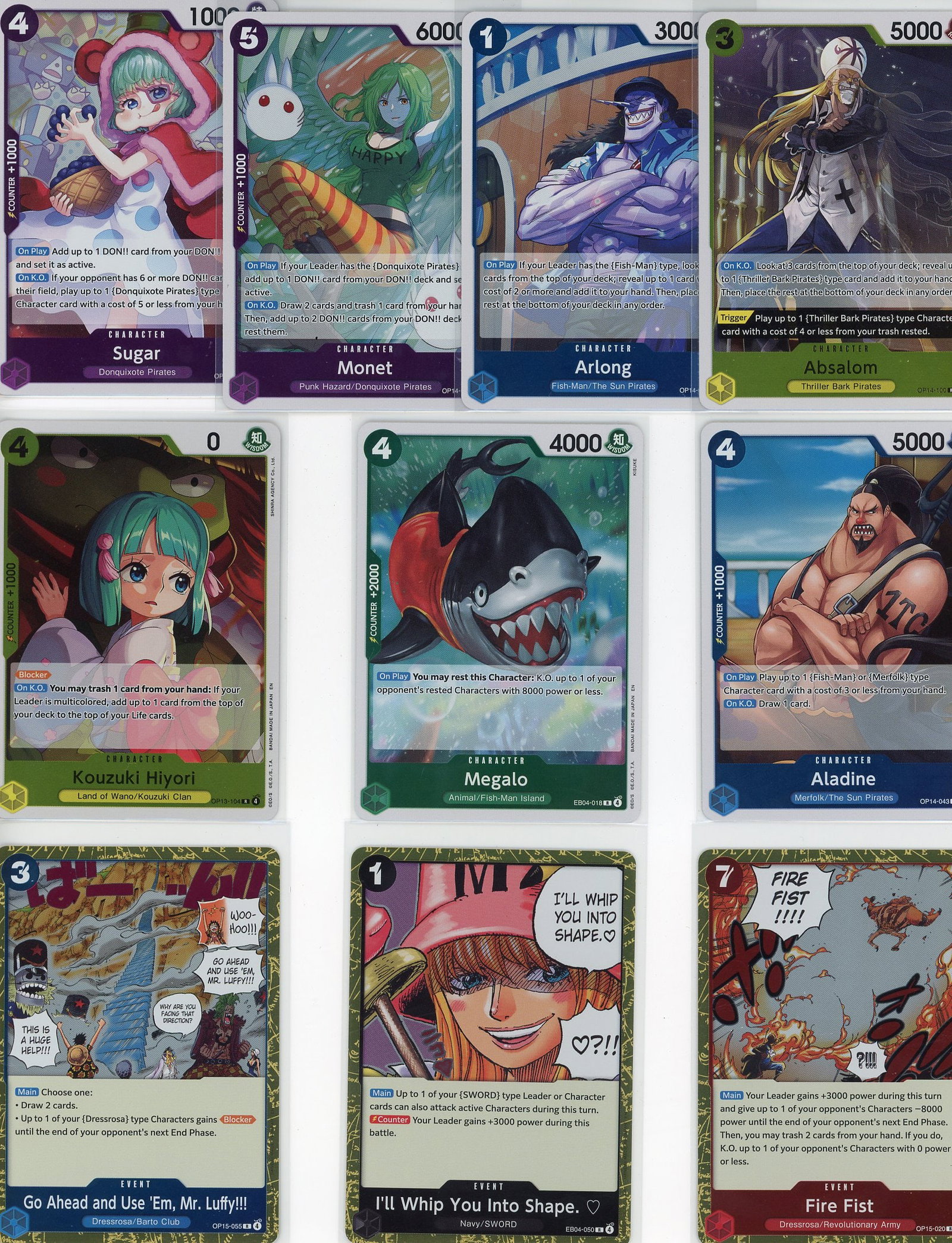 Lot of 10 One Piece Foil Trading Cards - Bandai: This lot contains 10 One Piece foil trading cards from the Bandai One Piece Trading Card Game. The collection features iconic characters including Sugar, Monet, Arlong, Absalom, Kouzuki Hiyori, Megalo