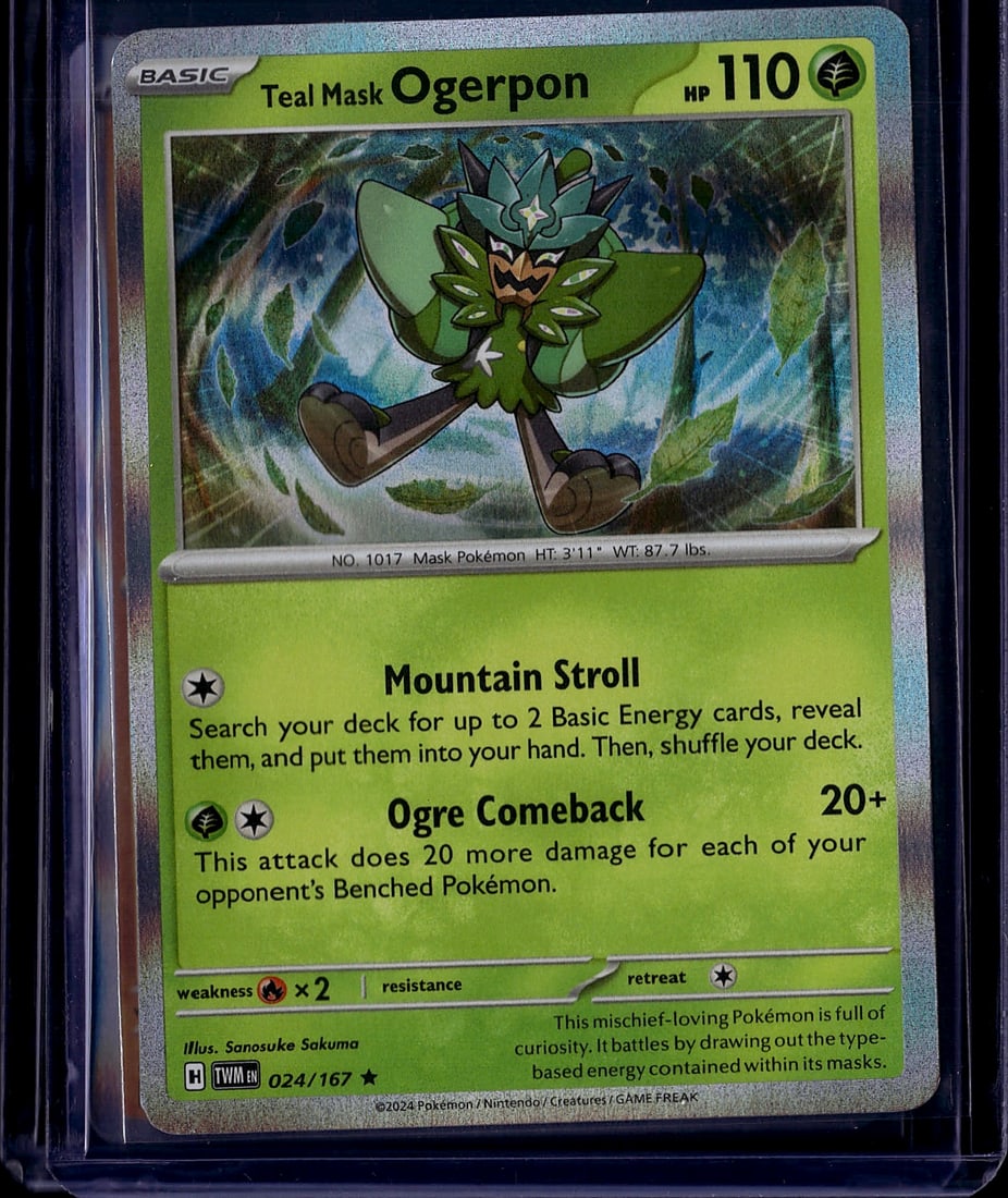 Teal Mask Ogerpon 024/167 Pokemon Card 2024: This is a raw Teal Mask Ogerpon Pokemon card from the 2024 Scarlet & Violet set, card number 024/167. Ogerpon is a Basic Grass-type Pokemon with 110 HP featuring stunning illustration by Sanosuke