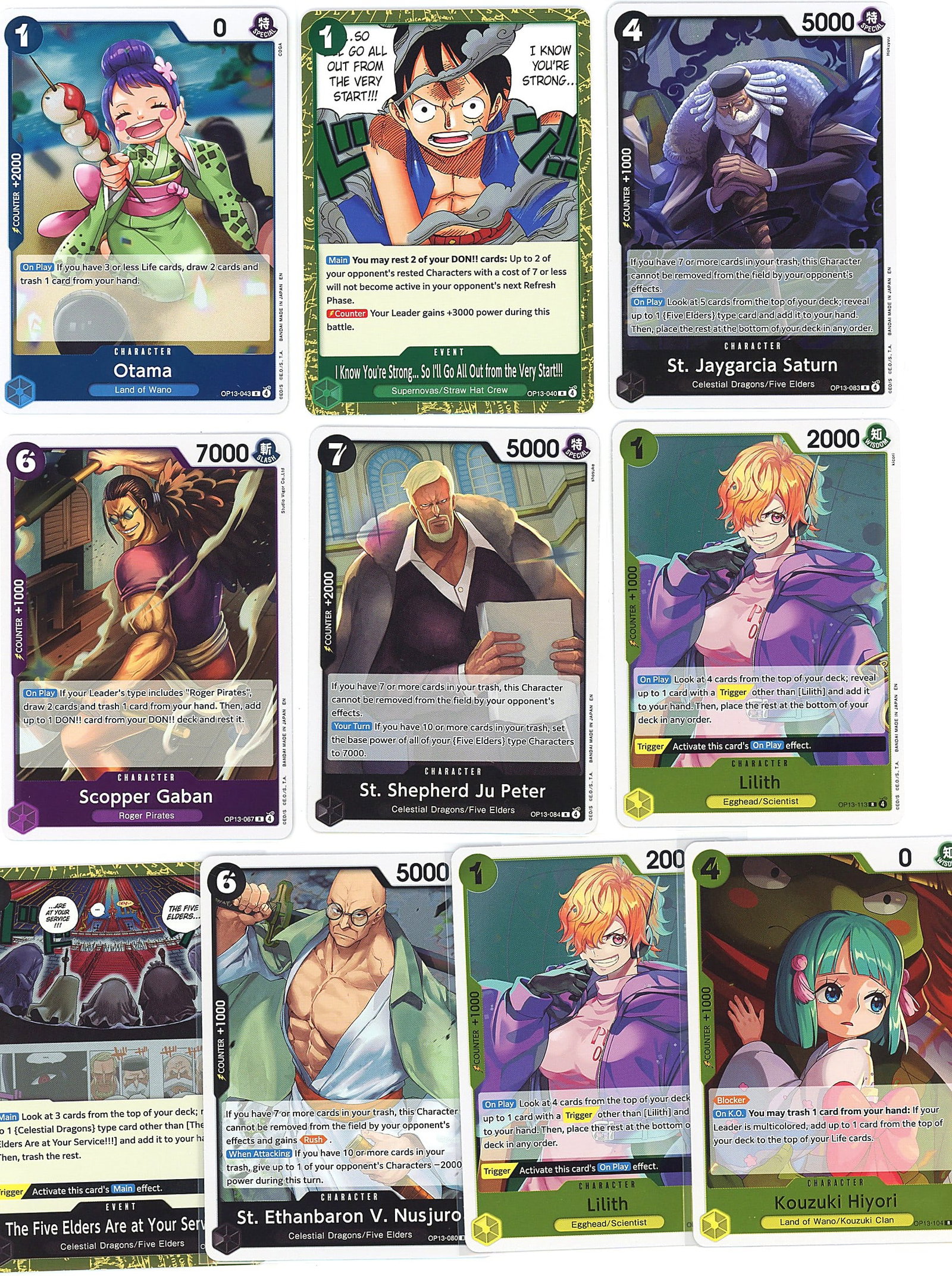 10-Card Lot Modern Holo One Piece Trading Cards: Lot of 10 raw holographic One Piece trading cards by Bandai, featuring character cards from the One Piece TCG. The cards display vibrant artwork and include various power levels and card types typical