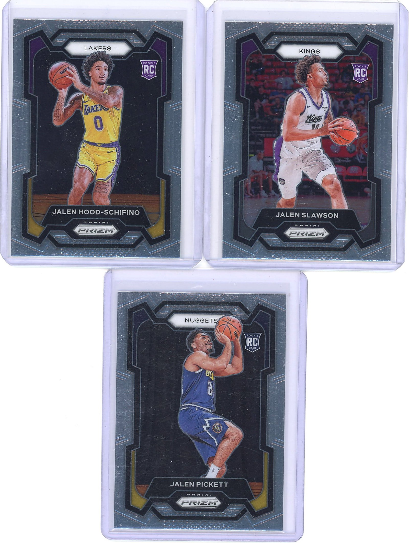 2023-24 Panini Prizm Basketball Rookie Cards: Lot of three 2023-24 Panini Prizm Basketball rookie cards featuring Jalen Hood-Schifino (Lakers #145), Jalen Slawson (Kings #149), and Jalen Pickett (Nuggets #167). Each card is presented in a protect