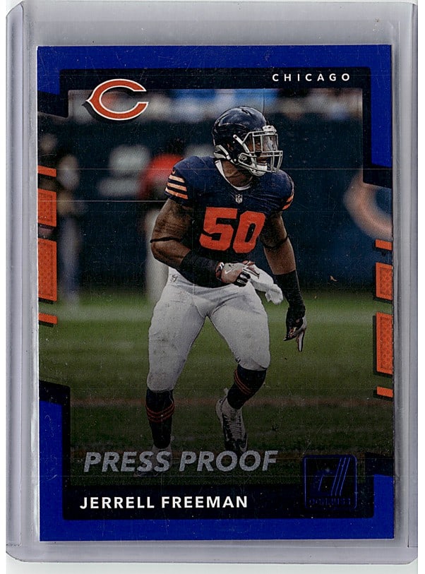 2017 Donruss Football #293 Jerrell Freeman Press: This is a 2012 Topps Press Proof football card featuring Chicago Bears linebacker Jerrell Freeman wearing his iconic #50 jersey. Press Proof cards are special pre-release prints created for editorial