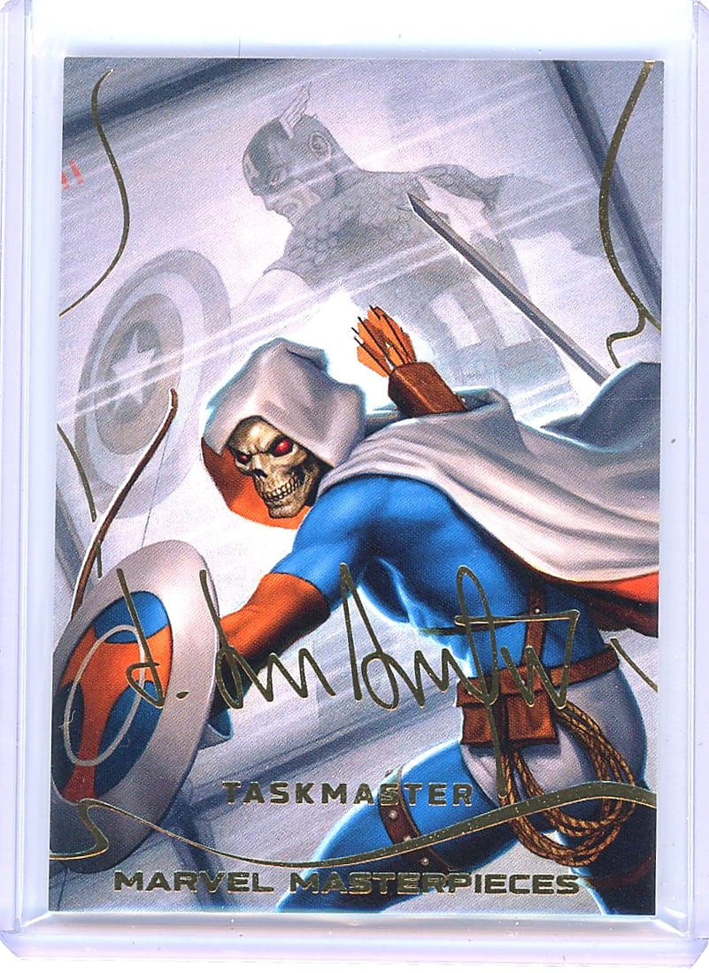 2022 SkyBox Marvel Masterpieces #63 Taskmaster: This is card #63 from the 2022 Upper Deck Marvel Masterpieces set, featuring Taskmaster (real name Anthony Masters), whose first major appearance was in Avengers #196 (1980). The card is part of the
