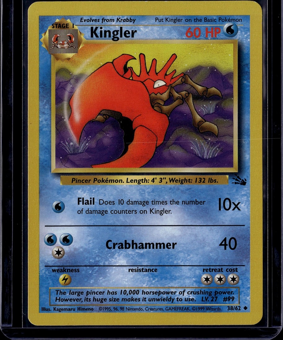 Kingler Base Set 38/62 Pokemon Card 1999 - Stage: This is an authentic Kingler Pokemon trading card from the classic Base Set, released in 1999 by The Pokemon Company and published by Wizards. Card #38/62, this Stage 1 Water-type Pokemon features