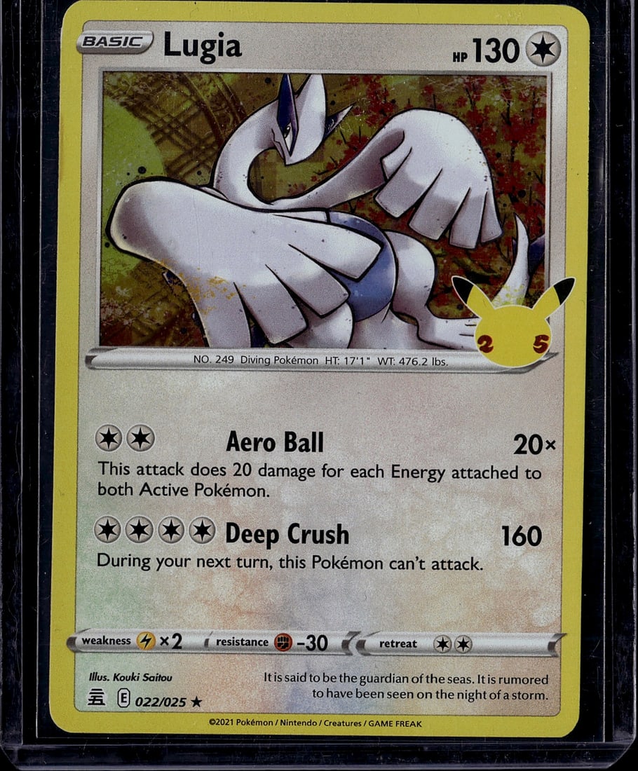 Lugia Basic Pokemon Card 022/025 Evolving Skies: This is a raw Lugia Basic Pokemon card from the 2021 Evolving Skies set, card number 022/025. Lugia is a Colorless-type Diving Pokemon with 130 HP, standing 17'1" tall and weighing 476.2 lbs. The