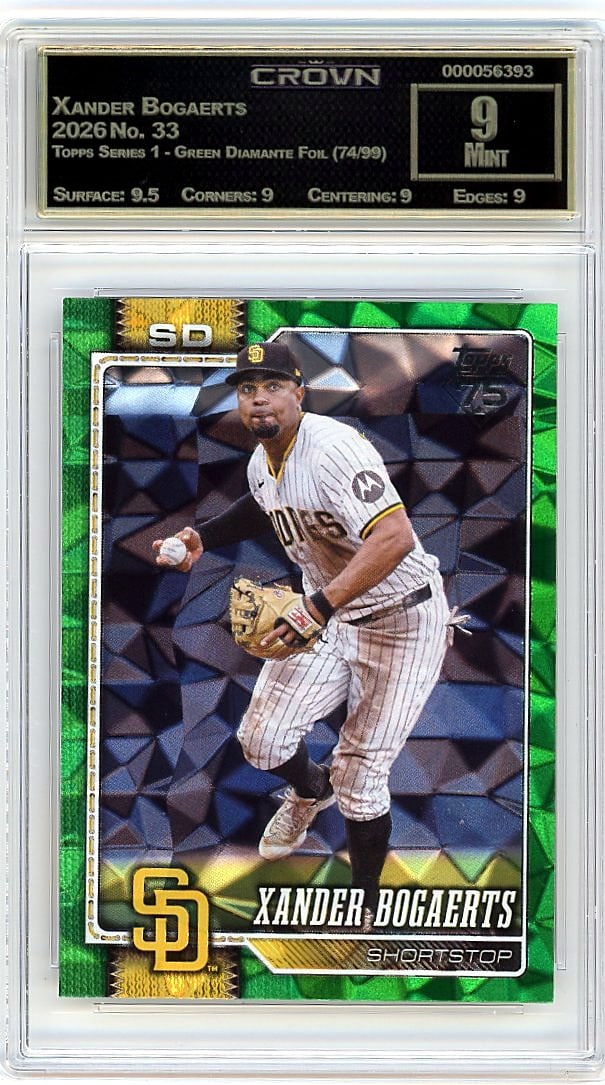 2026 Xander Bogaerts Topps Series 1 Green: This is a 2026 Xander Bogaerts card from the Topps Series 1 Green Diamante Foil set, card number 33. The Green Diamante Foil version is a limited parallel release, graded 74 out of 99, making it a