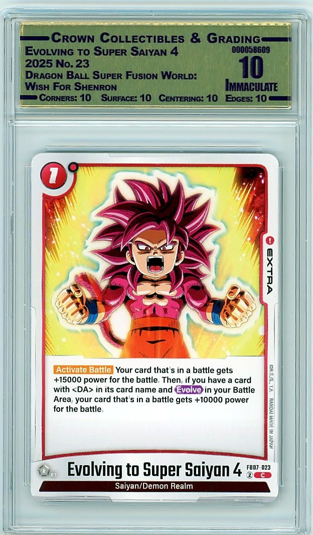2025 Evolving to Super Saiyan 4 Dragon Ball: This is a 2025 Evolving to Super Saiyan 4 card from the Dragon Ball Super Fusion World: Wish For Shenron set, card number 23. It represents a key moment in the Dragon Ball universe, captured in this