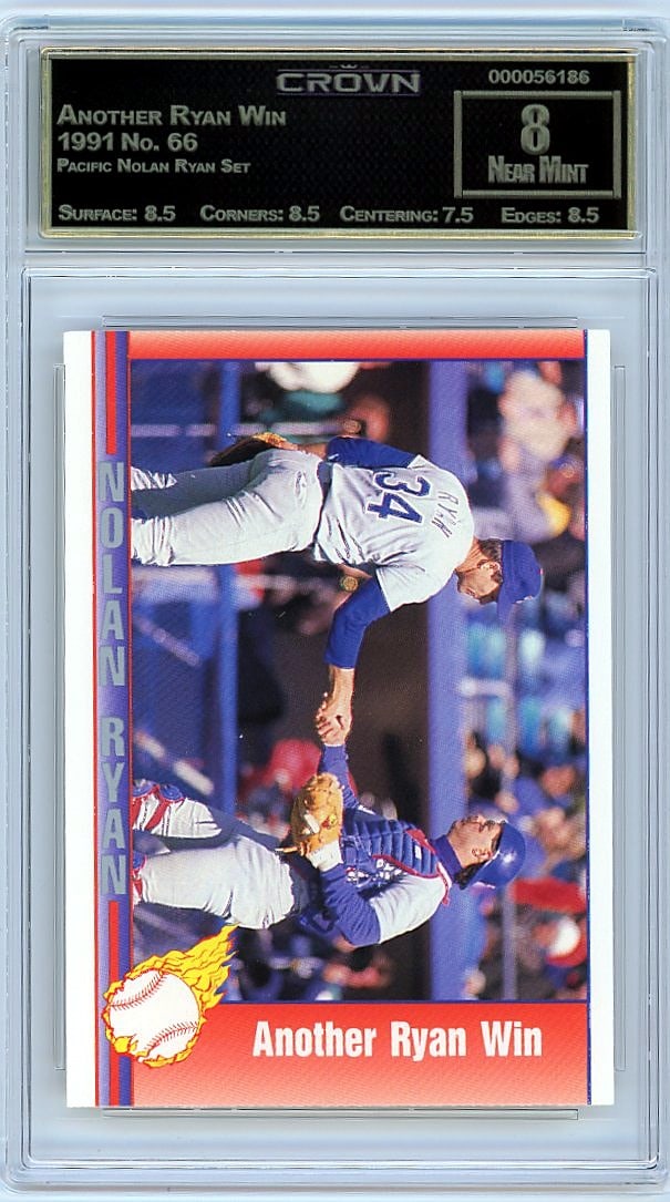 1991 Pacific Nolan Ryan Set Card #66 Crown: This is a 1991 Pacific Nolan Ryan Set card #66, professionally graded and authenticated. The card features the iconic pitcher in this dedicated set from Pacific Trading Cards, capturing a key moment