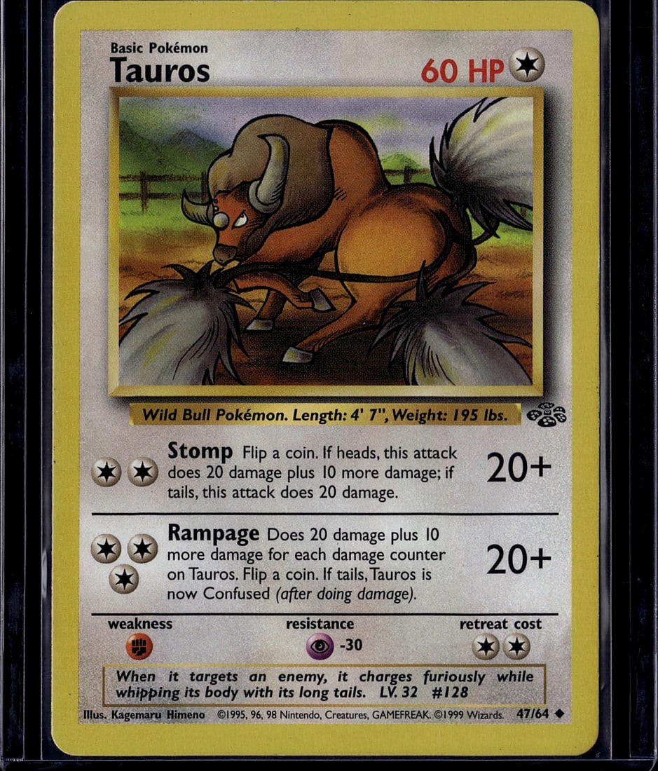 1999 Pokemon Base Set Tauros #47/64 Card - Wild: This is an authentic 1999 Pokemon Trading Card Game Base Set Tauros card (#47/64), featuring the iconic Wild Bull Pokemon. The card displays vibrant artwork by illustrator Kagemaru Himeno, showcasing