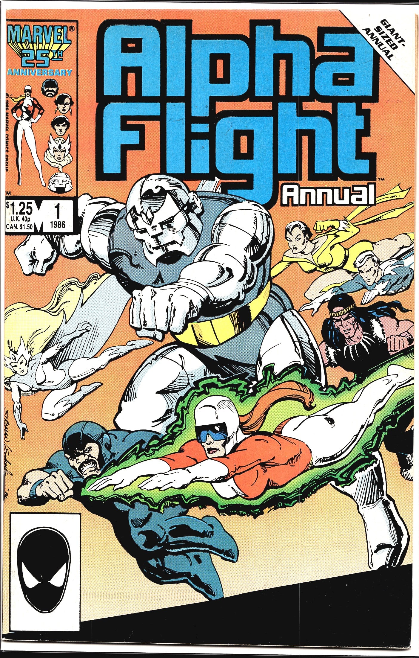 Alpha Flight Annual #1 1986 Marvel Comics: Alpha Flight Annual #1 published by Marvel Comics in 1986, part of Marvel's 25th Anniversary celebration. This giant-sized annual features the Canadian super-team Alpha Flight, with a dynamic cover