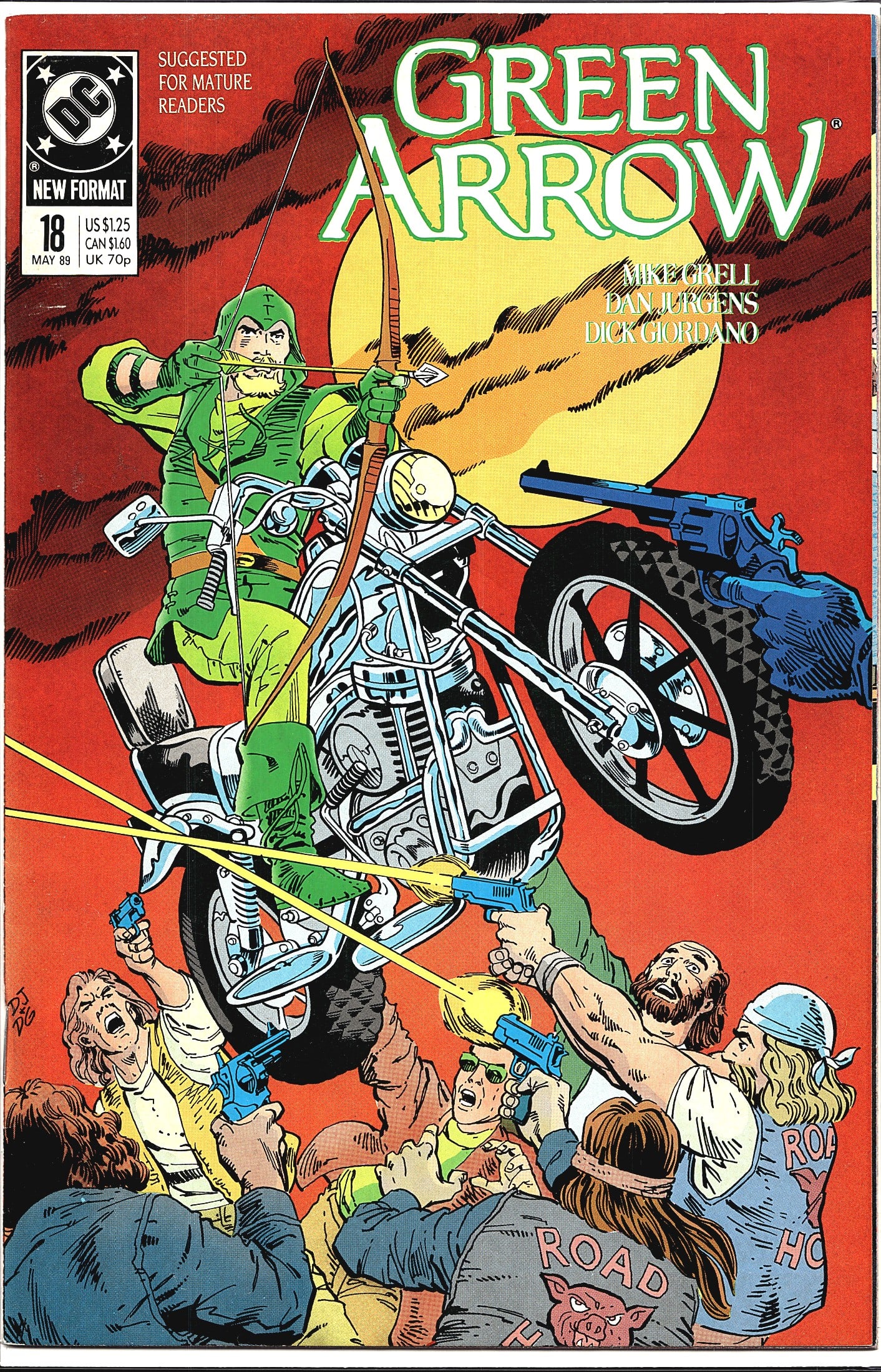 Green Arrow #18 DC Comics May 1989 Mike Grell: Green Arrow #18 published by DC Comics, cover dated May 1989, priced at $1.25 US / $1.60 CAN / 70p UK. Written by Mike Grell with art by Dan Jurgens and Dick Giordano. This issue carries the