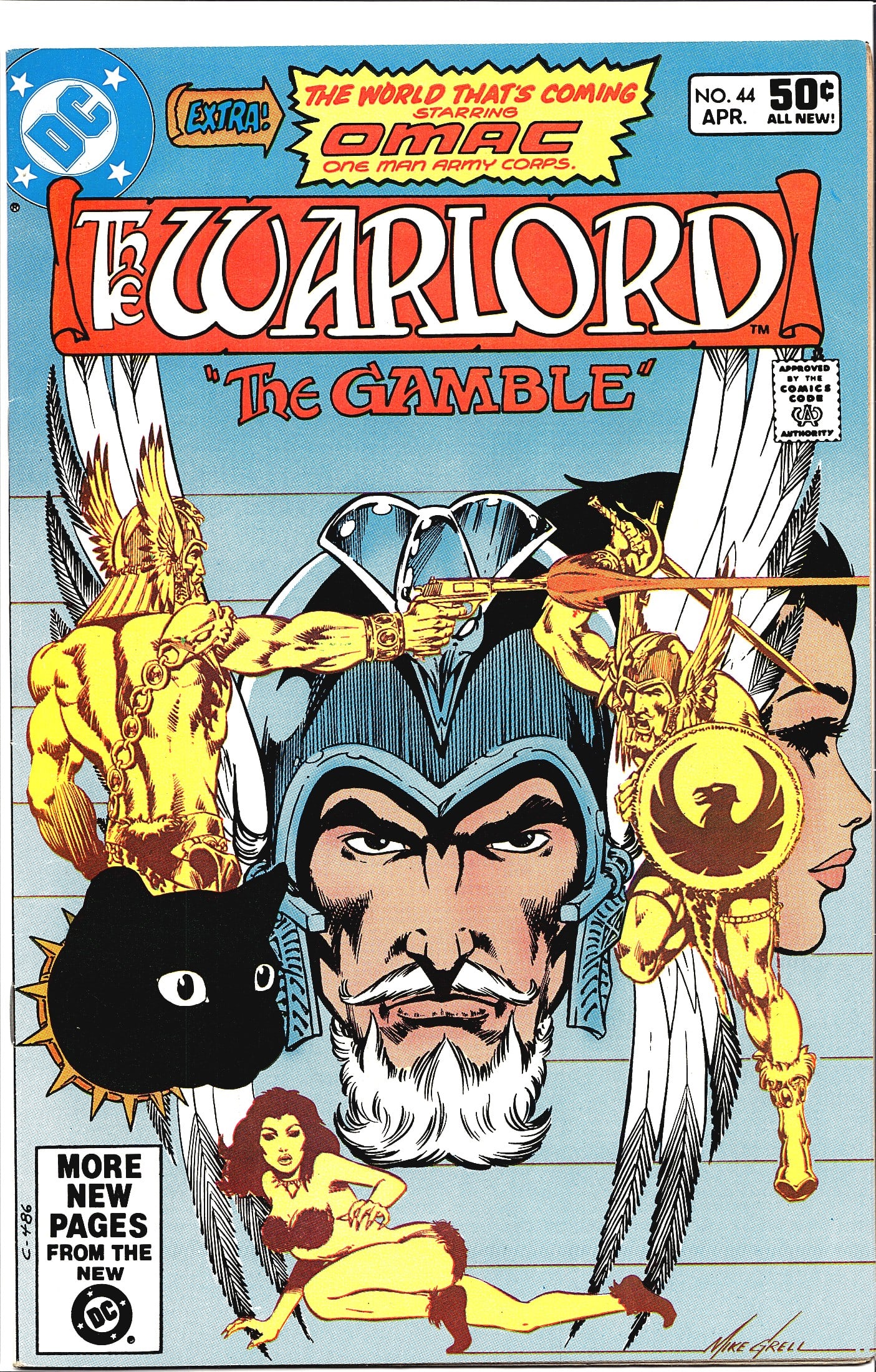 1981 DC Warlord #44 Comic Book: The Warlord #44 from DC Comics, cover dated April 1981, priced at 50 cents on the cover. This issue features the story "The Gamble" with cover art by Mike Grell, whose signature is visible on the
