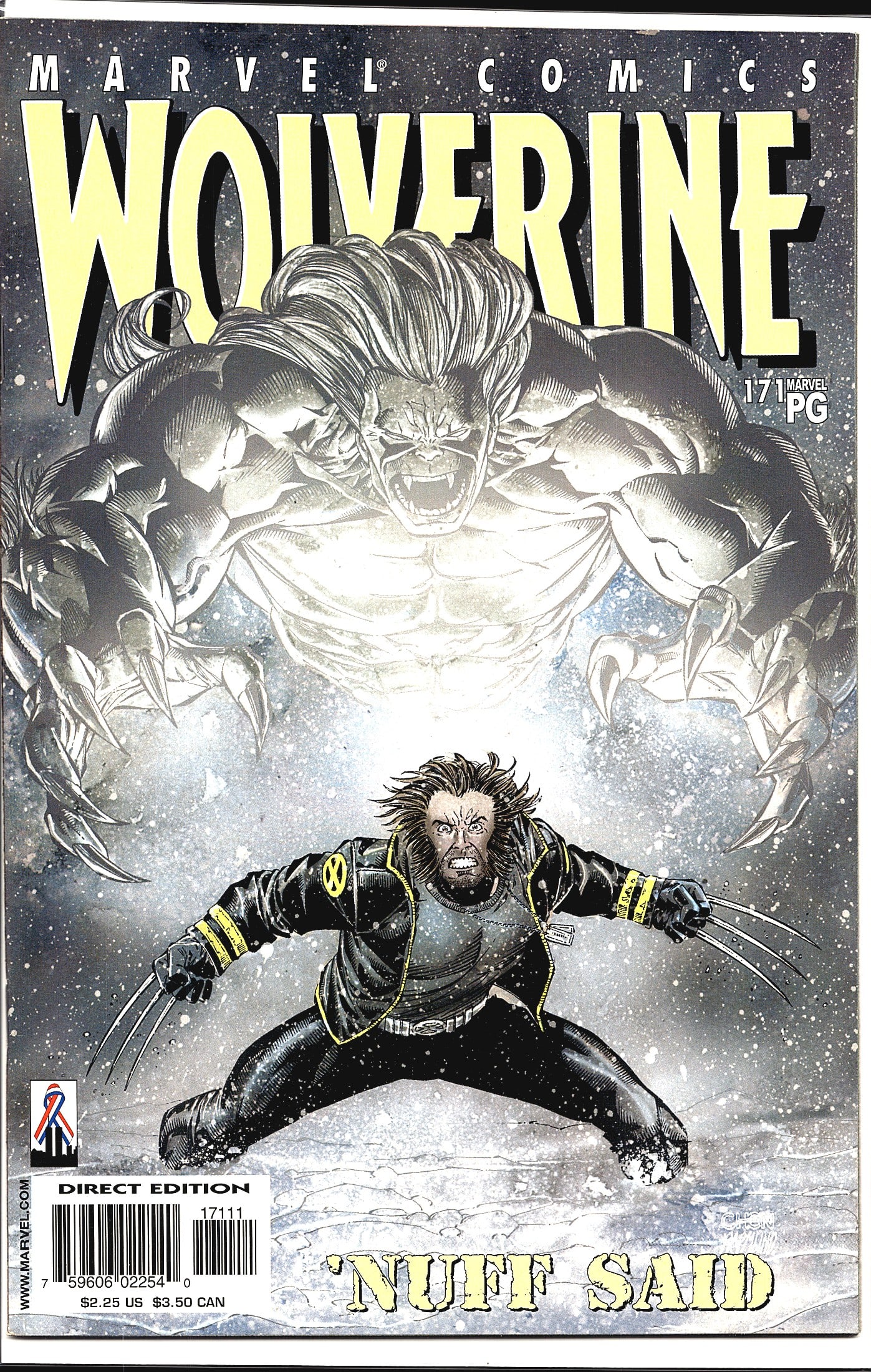 2002 Marvel Wolverine #171 Direct Edition Comic: Wolverine #171 from Marvel Comics, a Direct Edition issue featuring the 'Nuff Said variant - part of Marvel's landmark silent storytelling event. The cover showcases Wolverine in his black and yellow 