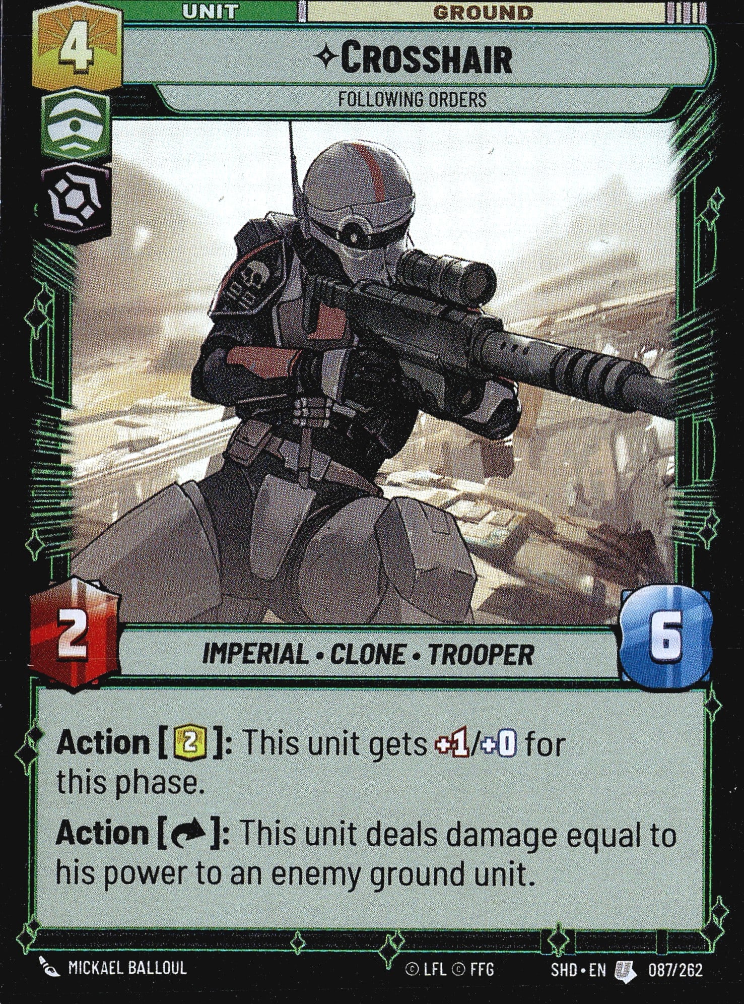 2024 Fantasy Flight Games Star Wars Unlimited: This listing features Crosshair - Following Orders (087/262) from the Star Wars Unlimited trading card game set Shadows of the Galaxy (SHD). Crosshair is a Ground Unit card with a cost of 4, power of