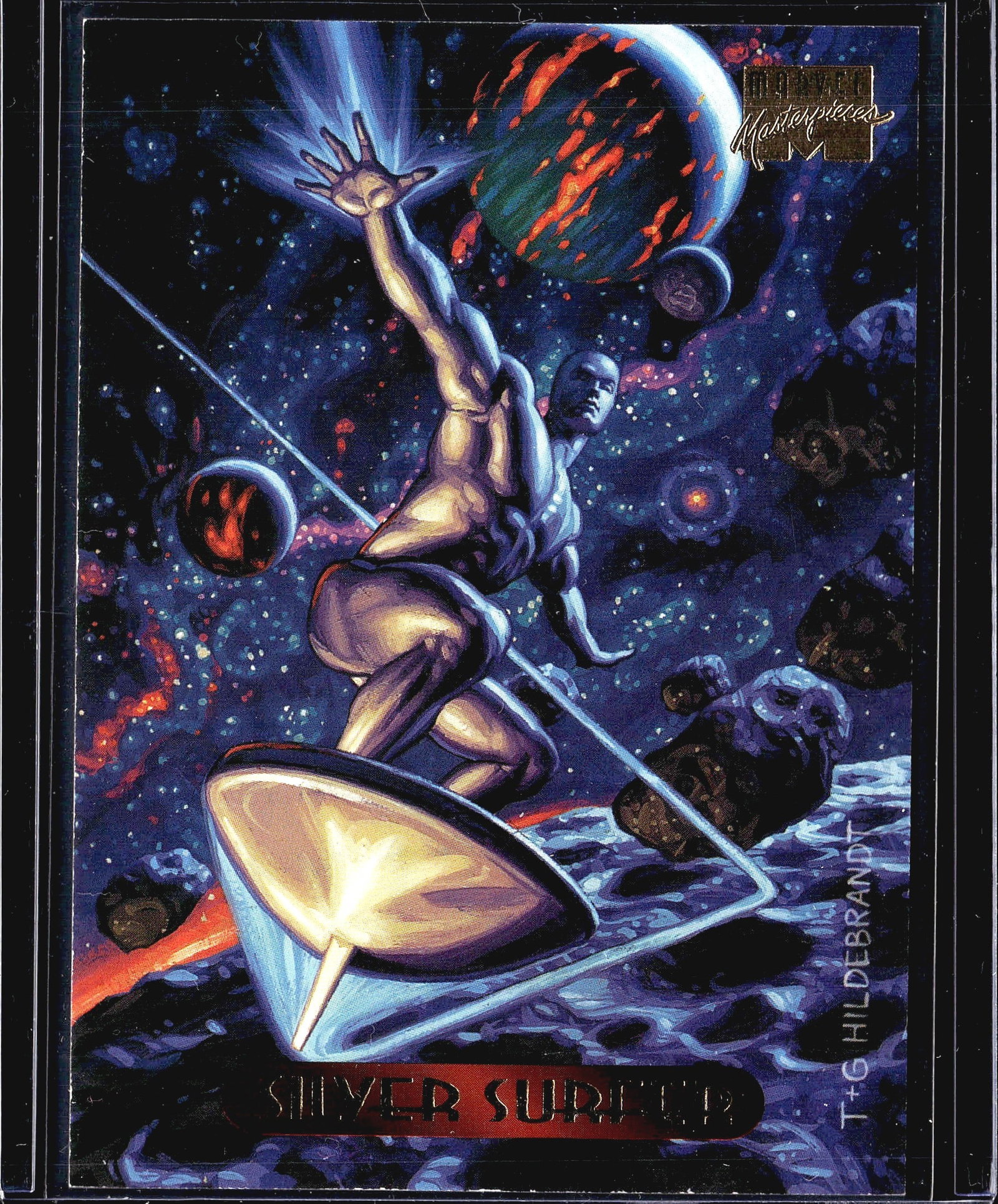 1994 Fleer Marvel Masterpieces Silver Surfer: This is card #111 from the 1994 Fleer Marvel Masterpieces trading card set, featuring the Silver Surfer illustrated by the legendary Hildebrandt Brothers (Greg & Tim Hildebrandt). The front showcases