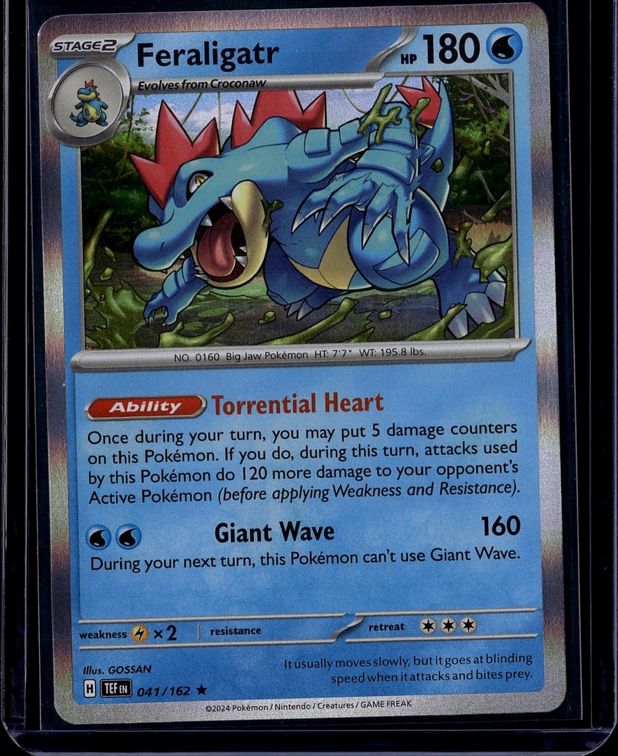 2024 Pokemon Scarlet Violet Temporal Forces: Feraligatr is a Stage 2 Water-type Pokemon card (041/162) from the Scarlet & Violet: Temporal Forces (SV05) expansion, released in 2024. It features 180 HP, a Holo Rare finish, and is illustrated by