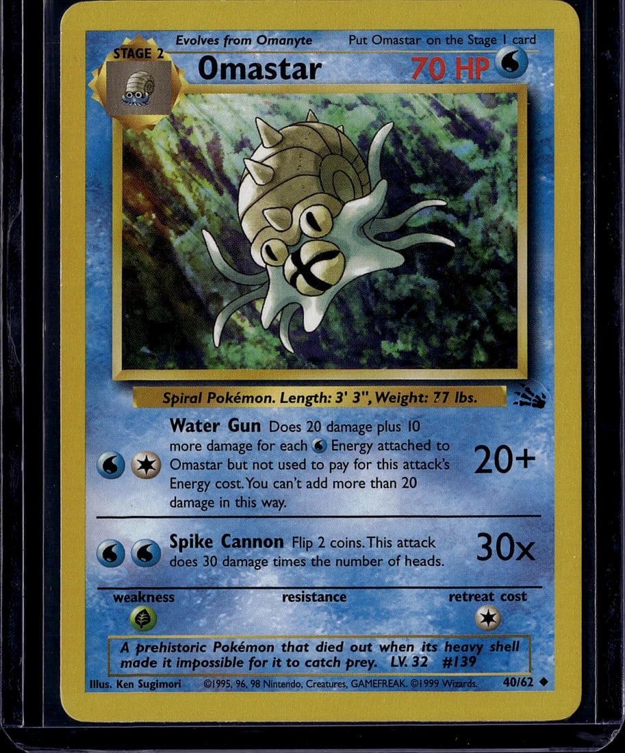 Omastar 40/62 Base Set Stage 2 Water Pokemon: This is an authentic Omastar Stage 2 Pokemon Trading Card from the original 1999 Base Set (card #40/62). Omastar is a Water-type Spiral Pokemon featuring two devastating attacks: Water Gun (20+