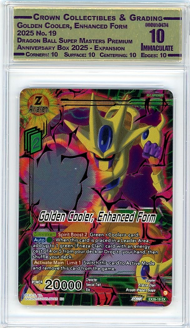 2025 Golden Cooler, Enhanced Form Dragon Ball: This 2025 Golden Cooler Enhanced Form Dragon Ball Super Masters card represents a premium collectible from the highly sought-after Premium Anniversary Box 2025 release. Graded Crown 10.00, this