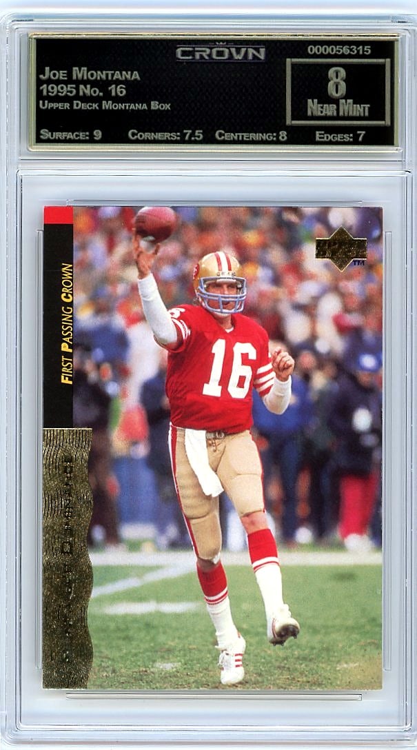 1995 Joe Montana Upper Deck Montana Box #16: This is a 1995 Joe Montana card from the Upper Deck Montana Box set, card number 16. It's a piece of football card history featuring one of the sport's most legendary quarterbacks during a