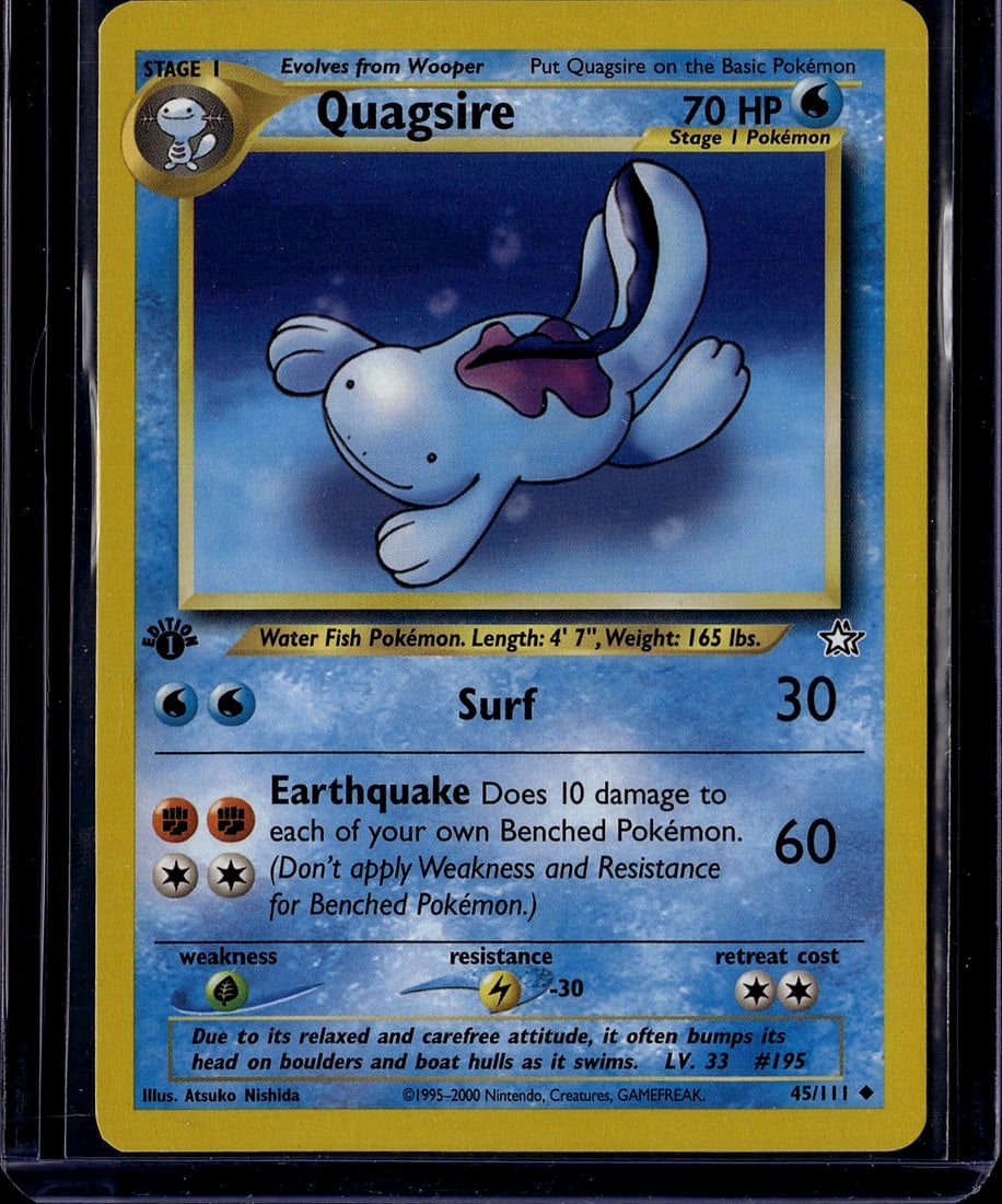 2000 Pokemon Neo Genesis Quagsire #45 Card Very: This is a vintage Quagsire Pokemon Trading Card from the Neo Genesis set, released in 2000 by Nintendo and illustrated by Atsuko Nishida. Card number 45/111, this Stage 1 Water-type Pokemon features