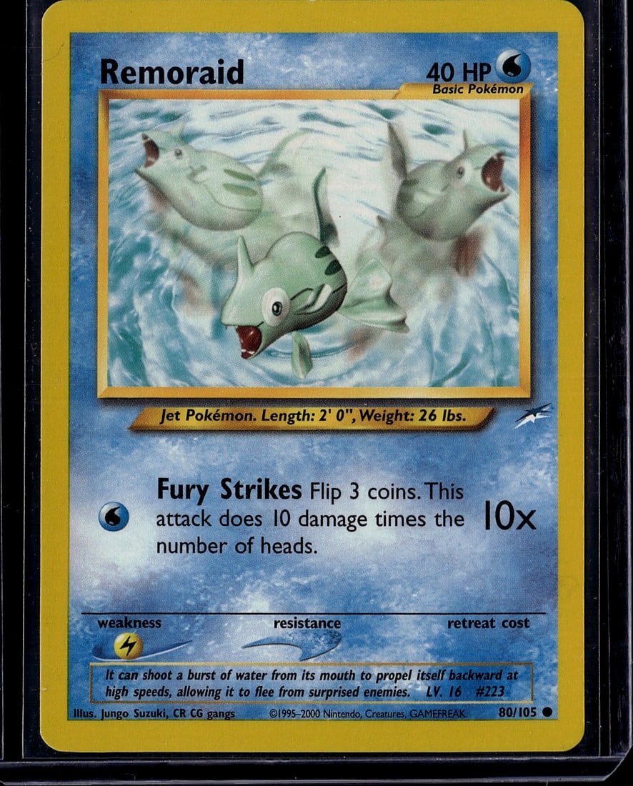 Remoraid #223 Neo Genesis Pokemon Card 80/105: This is an authentic Remoraid Pokemon trading card from the Neo Genesis set, card #223 out of 105. As a Basic Water-type Pokemon, Remoraid features the iconic jet propulsion mechanics characteristic