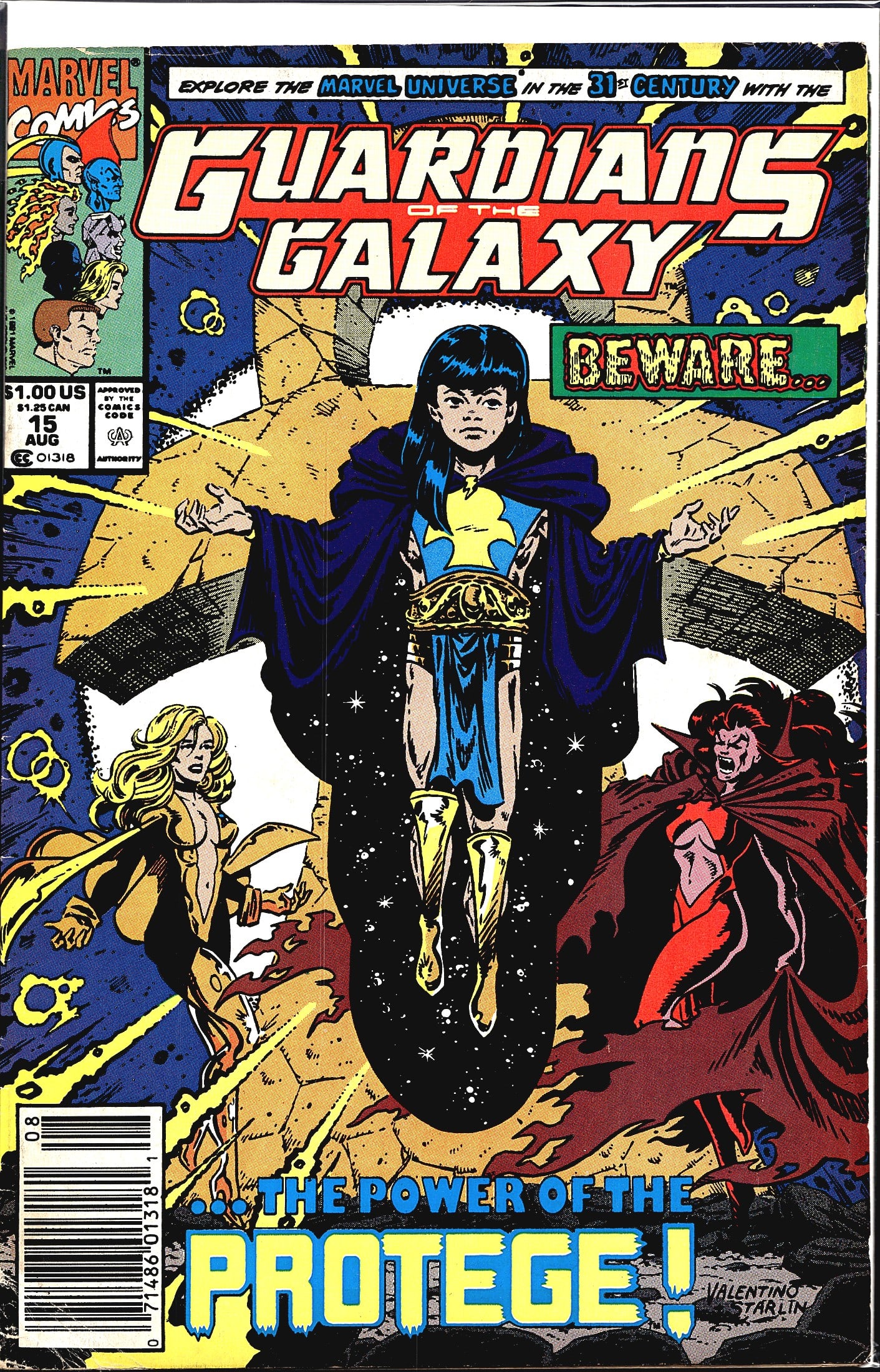 1991 Marvel Guardians of the Galaxy #15 Comic: Guardians of the Galaxy #15, published by Marvel Comics, cover dated August 1991. This issue features the storyline centered on the Protege, as boldly proclaimed on the cover: 'Beware... The Power of 
