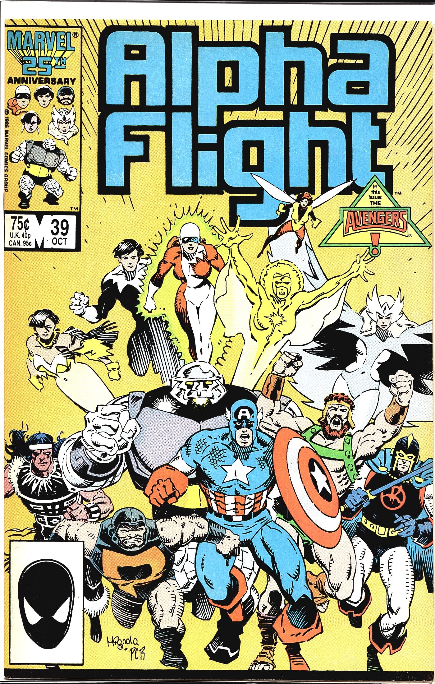 1986 Marvel Alpha Flight #39 Comic Book: Alpha Flight #39 published by Marvel Comics, cover dated October 1986, during Marvel's 25th Anniversary celebration. This issue features a crossover with The Avengers, prominently noted on the cover b