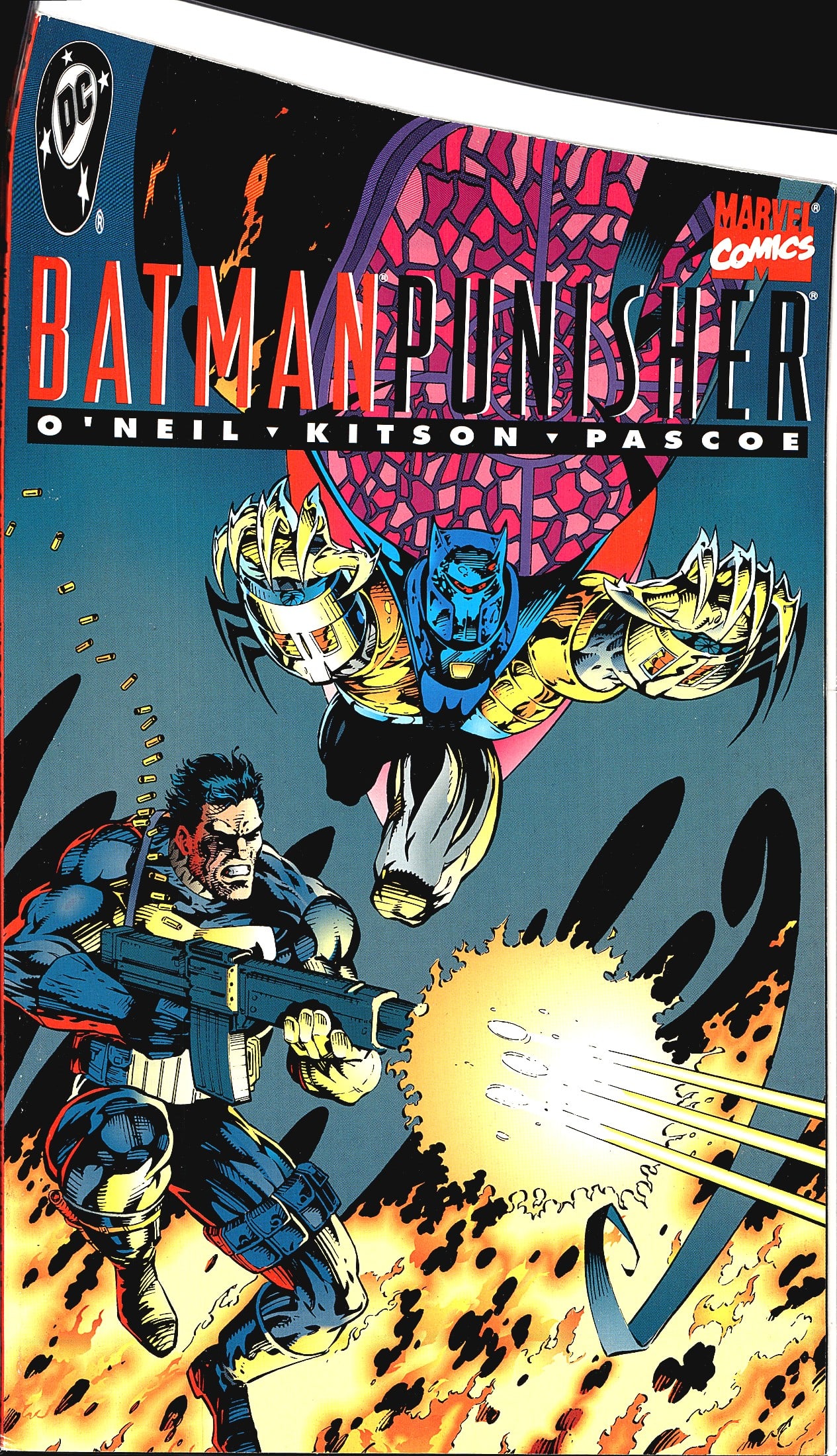 1994 DC Marvel Batman Punisher Lake of Fire: This is a Batman/Punisher crossover comic book, a co-published collaboration between DC Comics and Marvel Comics. The creative team listed on the cover includes O'Neil, Kitson, and Pascoe. The cover