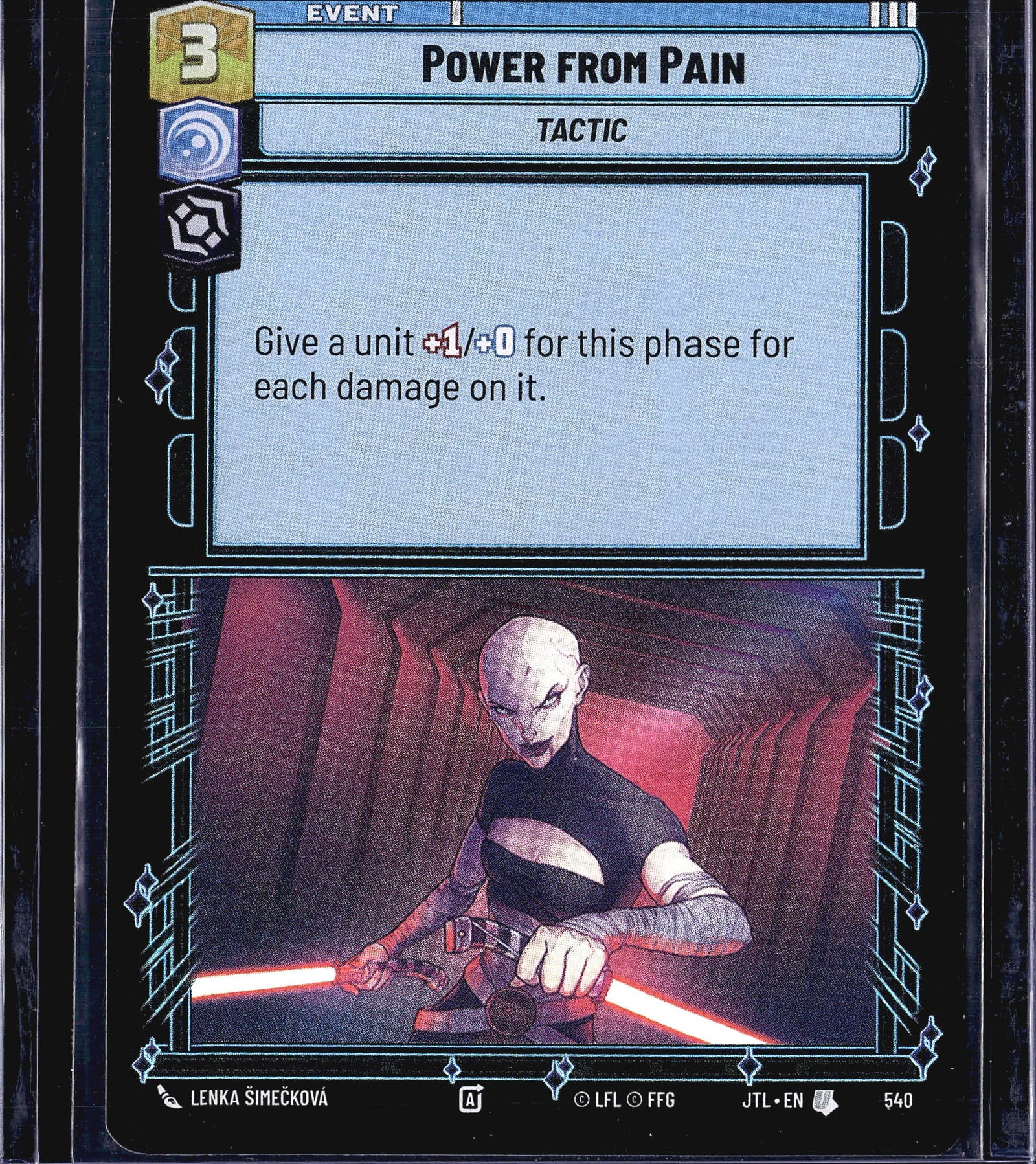 2024 Fantasy Flight Games Jump to Lightspeed 540: Power from Pain is card #540 from the Star Wars Unlimited: Jump to Lightspeed (JTL) expansion set, published by Fantasy Flight Games under license from Lucasfilm. This Event - Tactic card costs 3
