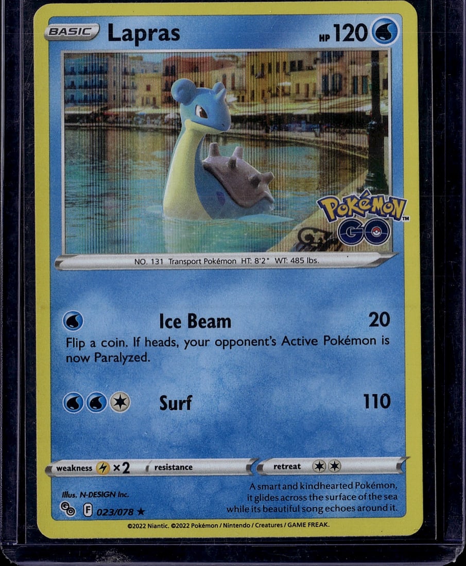 Lapras 023/078 Pokemon GO Single Card - Basic: This is a raw Lapras card from the Pokemon GO set, released in 2022 by The Pokemon Company. Card number 023/078 features the iconic Transport Pokemon in stunning condition with vibrant colors and