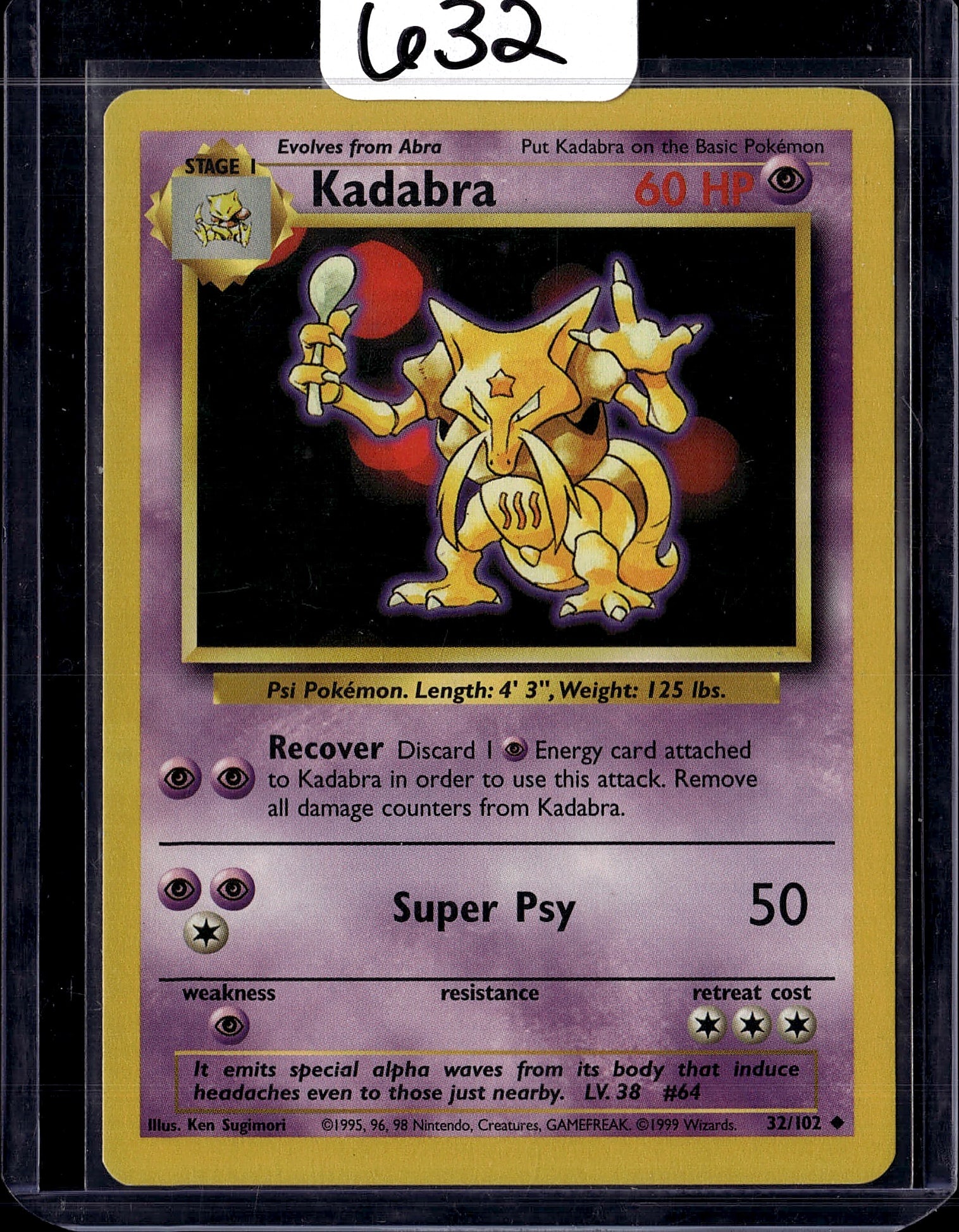 1999 Wizards of the Coast Pokemon Base Set: Kadabra 32/102 is a Stage 1 Psychic-type Pokemon card from the 1999 Pokemon Base Set, published by Wizards of the Coast. It is an Uncommon rarity card with a standard non-holo finish, 60 HP, and