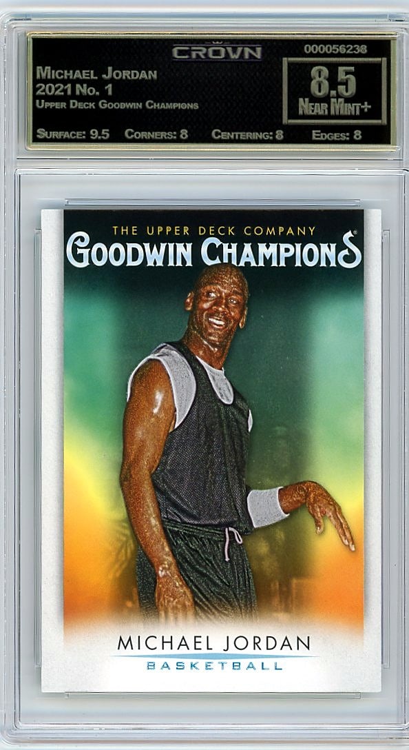 2021 Michael Jordan Upper Deck Goodwin Champions: This is a 2021 Michael Jordan card from the Upper Deck Goodwin Champions set, card number 1. It arrives professionally graded and slabbed by Crown, one of the leading third-party grading companies in 