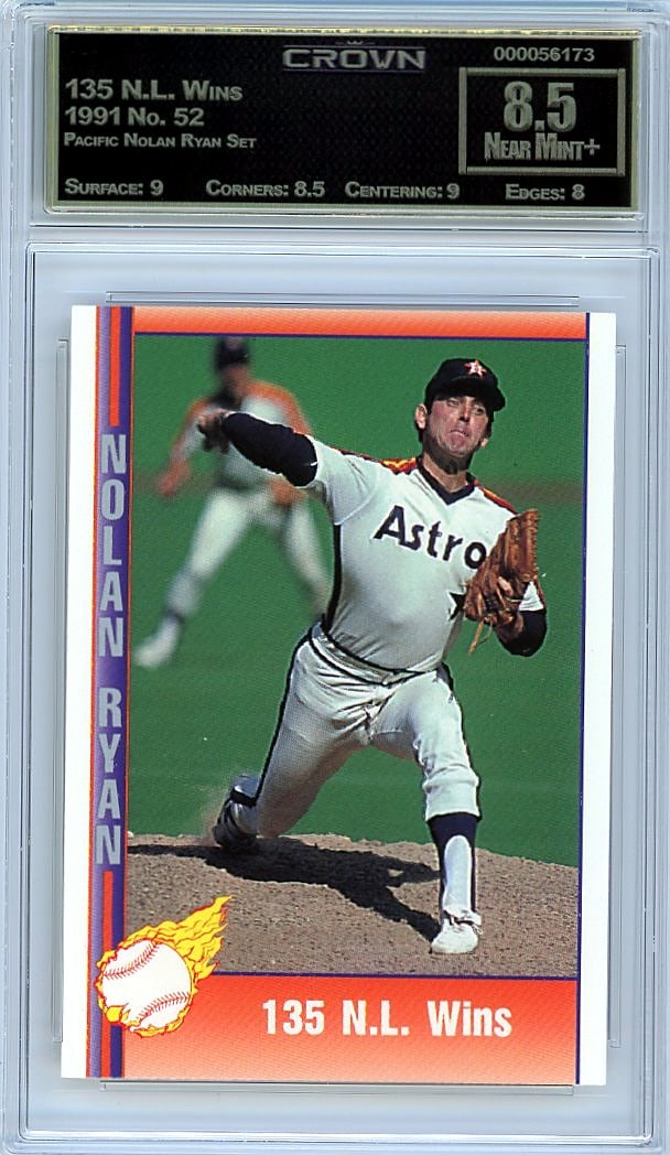 1991 Pacific Nolan Ryan Set #52 135 N.L. Wins: This is a 1991 Pacific Nolan Ryan Set card #52 featuring 135 N.L. Wins, professionally graded and encapsulated by Crown. The card captures a significant milestone from one of baseball's most