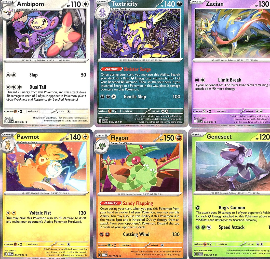 Pokemon Scarlet Violet Raw Holo Singles Lot - 6: Lot of 6 raw Pokemon Scarlet & Violet holographic singles in Mint condition. Includes Ambipom (Stage 1, 110 HP), Toxtricity (Stage 1, 140 HP), Zacian (Basic, 130 HP), Pawmot (Stage 2, 140 HP), Flygon 