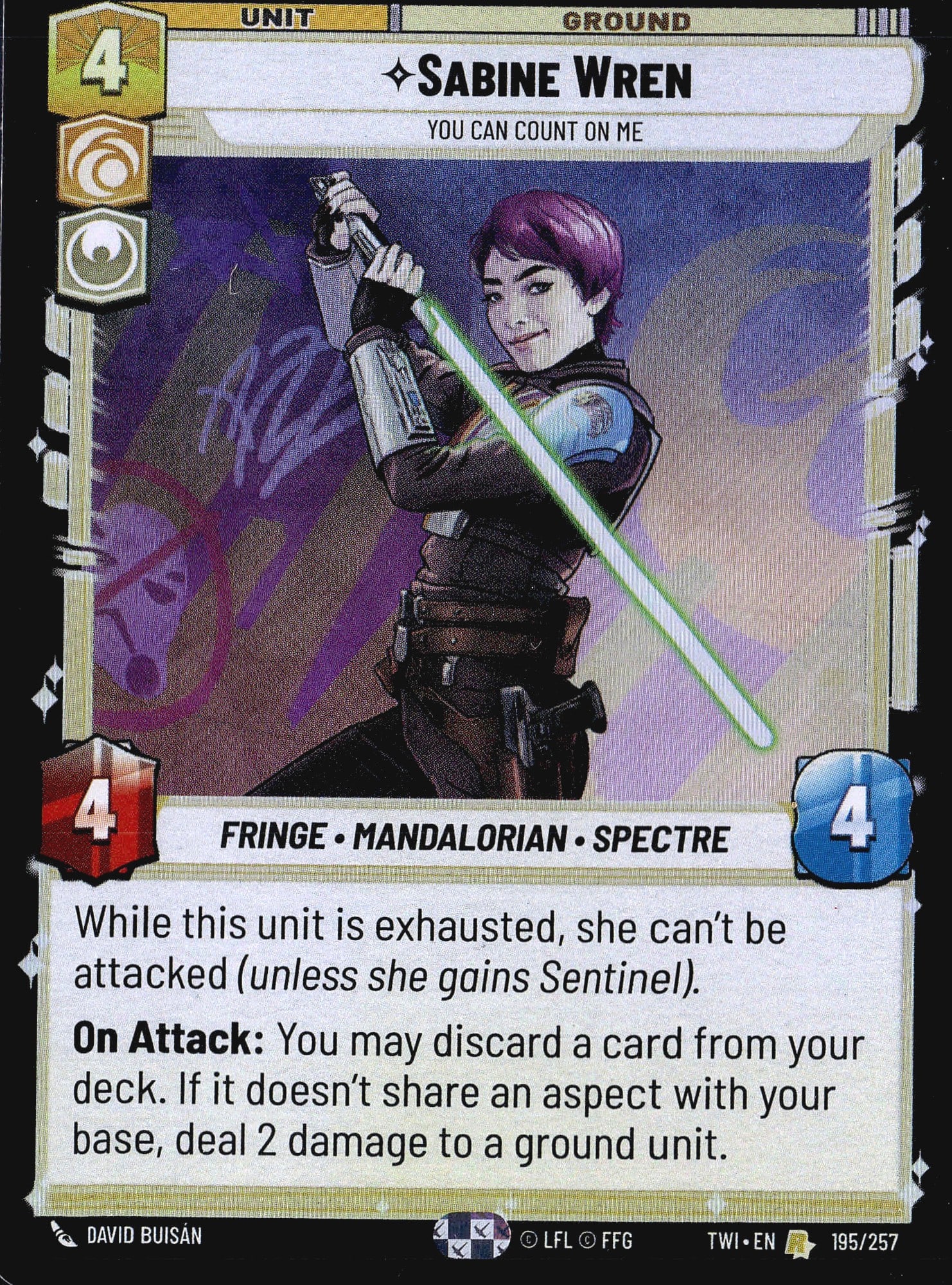 2024 Fantasy Flight Games Star Wars Unlimited: This listing is for Sabine Wren (card #195/257) from the Star Wars Unlimited Twilight of the Republic set, published by Fantasy Flight Games. The card is a Ground Unit typed as Fringe, Mandalorian,