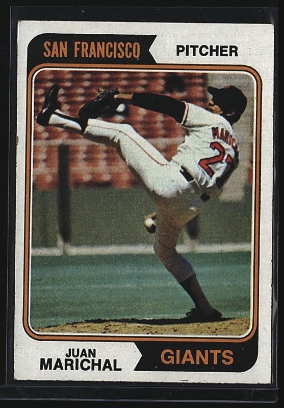 1974 Topps Juan Marichal #330 San Francisco: 1974 Topps Juan Marichal #330 baseball card featuring the San Francisco Giants pitcher. The card displays an action shot of Marichal in his distinctive high-leg kick pitching motion, wearing the