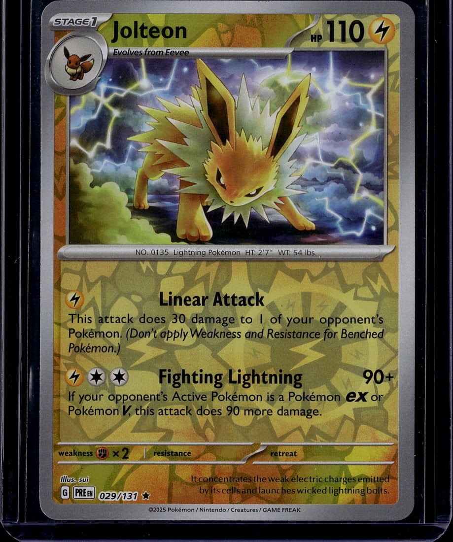 2025 Jolteon 029/131 Scarlet Violet Prismatic: Jolteon 029/131 is a Stage 1 Lightning-type Pokemon card from the 2025 Scarlet & Violet: Prismatic Evolutions expansion, illustrated by .sui. It features 110 HP, the attacks Linear Attack and Fighting