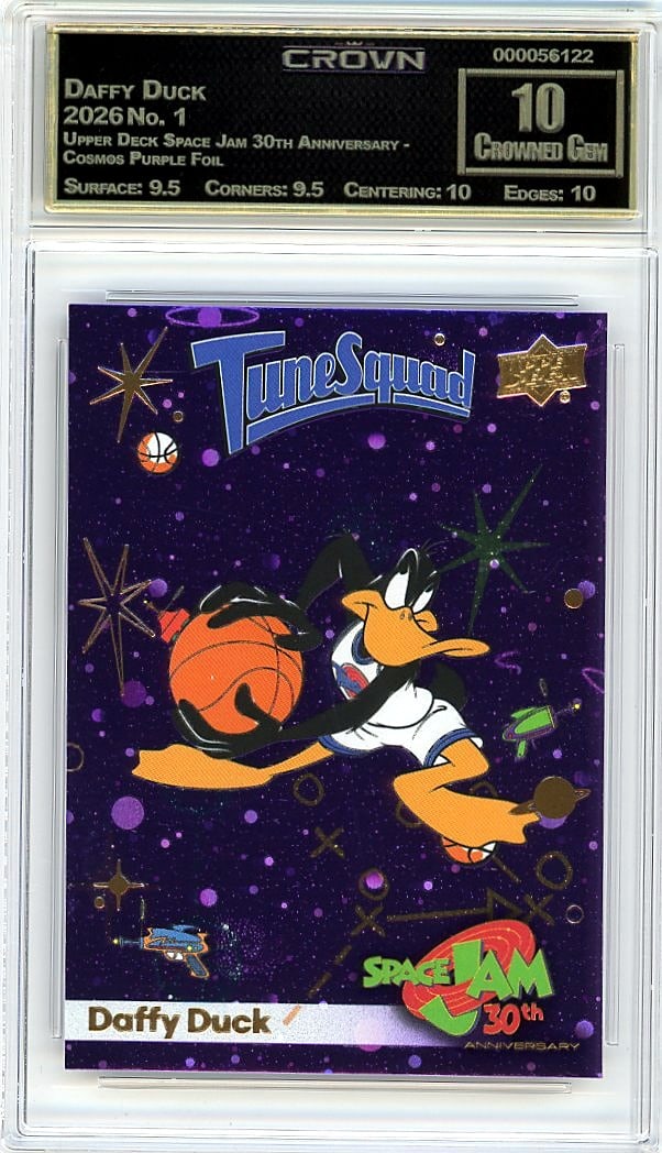 2026 Daffy Duck Upper Deck Space Jam 30th: This is a 2026 Daffy Duck card from the Upper Deck Space Jam 30th Anniversary - Cosmos Purple Foil set, card number 1. This premium foil variant captures one of the most iconic characters from the Spa