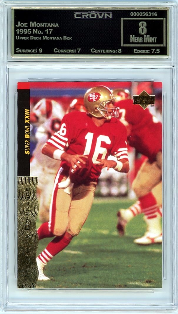 1995 Joe Montana Upper Deck Montana Box #17: This is a 1995 Joe Montana card from the Upper Deck Montana Box set, card number 17. It's a professionally graded example from a premium release that captured one of football's greatest legends