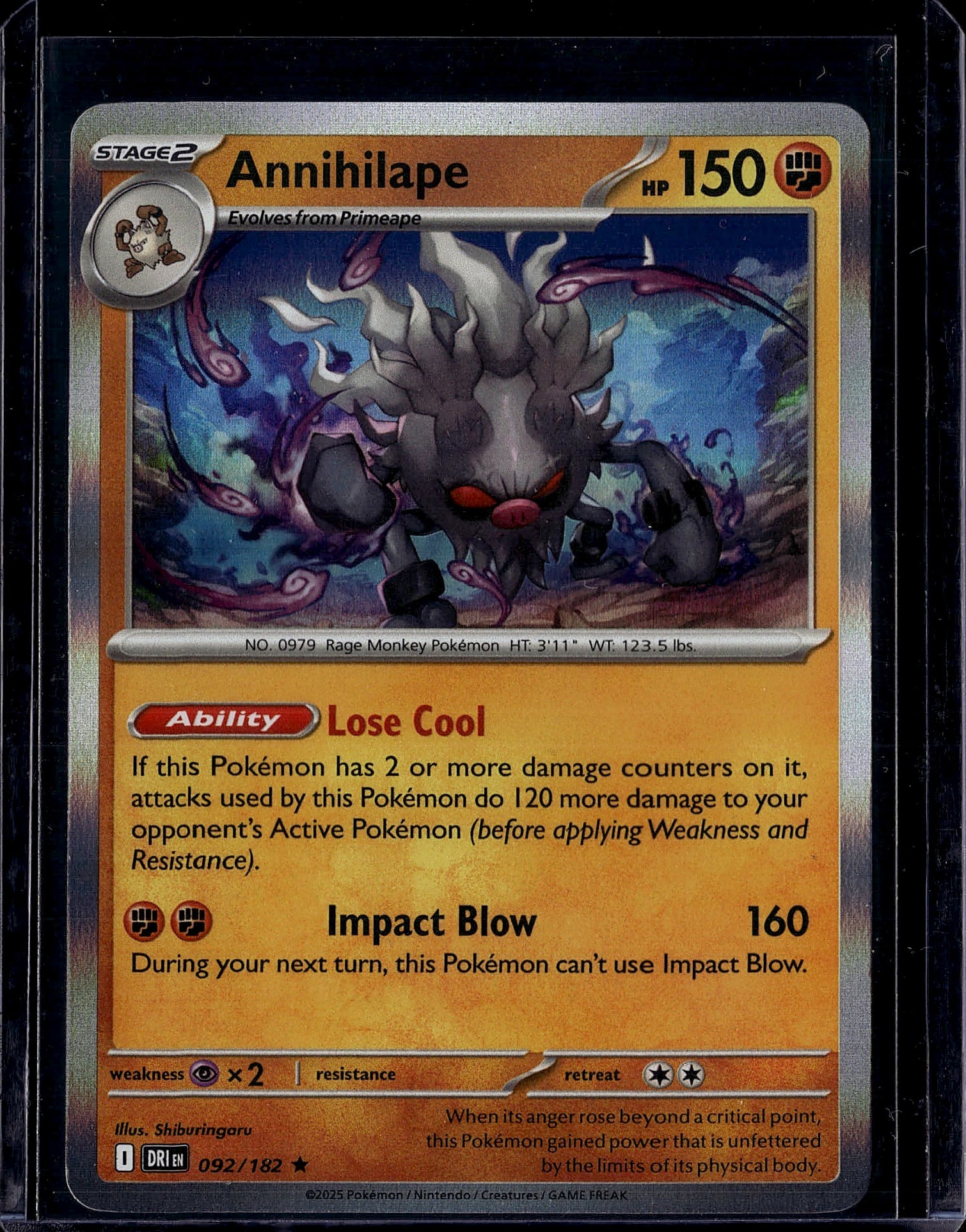 Annihilape 092/182 Pokemon TCG Scarlet & Violet: This is an Annihilape Pokemon Trading Card Game single from the Scarlet & Violet set, card number 092/182. Annihilape is a Stage 2 Rage Monkey Pokemon with 150 HP and a Fighting-type classification.