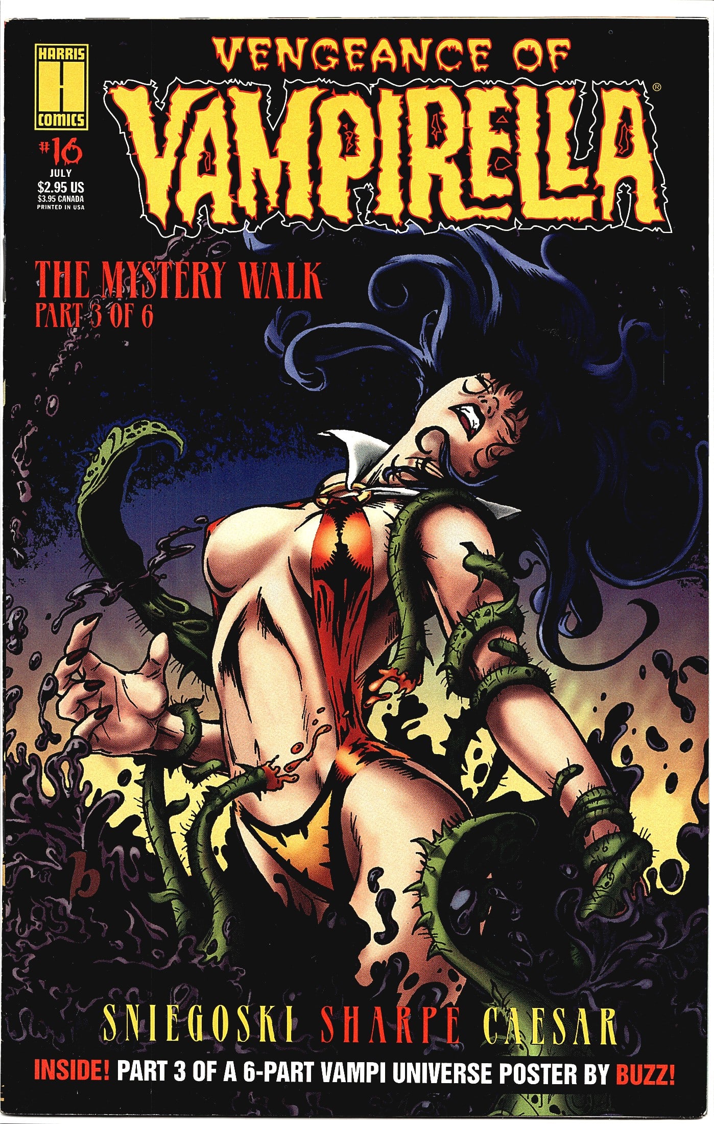 Vengeance of Vampirella #16 Harris Comics: This is issue #16 of Vengeance of Vampirella published by Harris Comics, cover dated July and priced at $2.95 US / $3.95 Canada. The issue is part three of the six-part story arc titled 'The Mystery