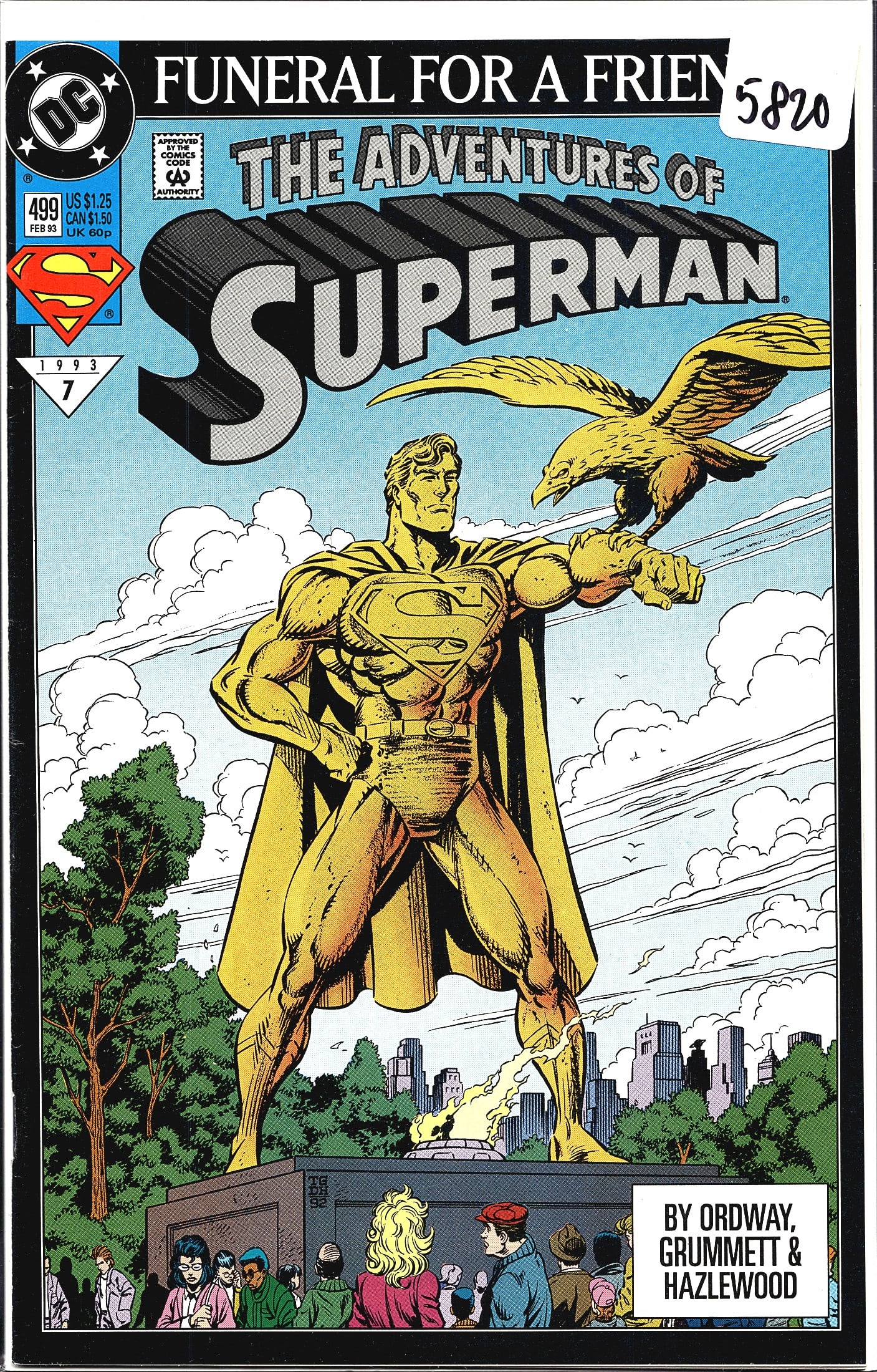 1993 DC Comics Adventures of Superman #499 Comic: This is The Adventures of Superman #499, published by DC Comics in February 1993, priced at $1.25 US. It is part of the iconic 'Funeral for a Friend' storyline, which follows the landmark 'Death of Su