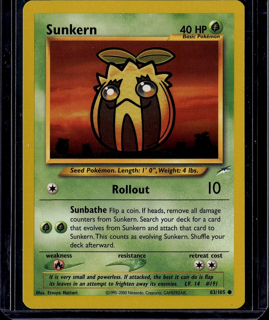 Sunkern Base Set 83/105 Pokemon Card - Vintage: This is an authentic Sunkern Pokemon card from the Base Set era, card #83/105. Printed in 2000 by Nintendo/Creatures/GAMEFREAK, this vintage grass-type Basic Pokemon features the classic Seed Pokemon