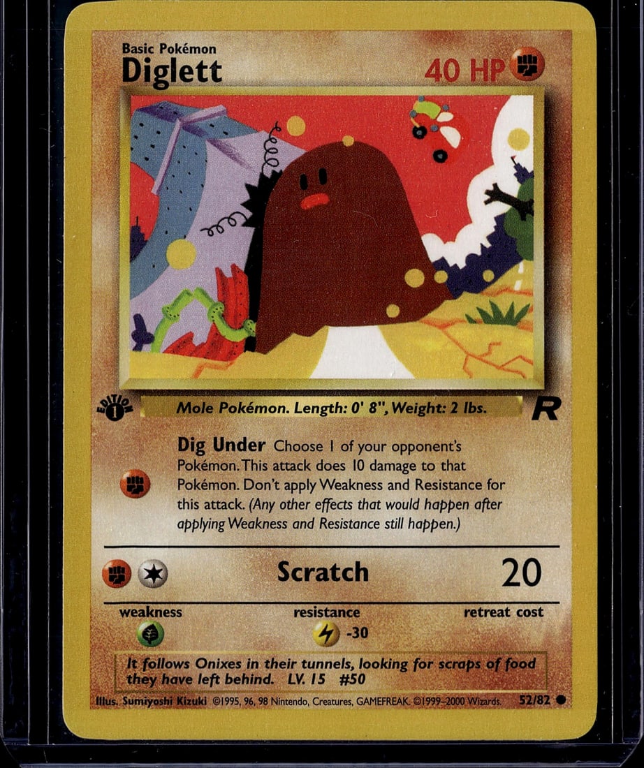 1999 Pokemon Base Set Diglett Card #52/82: This is an authentic 1999 Pokemon Base Set Diglett card (#52/82) featuring the classic mole Pokemon design. The card displays the iconic artwork by Sumiyoshi Kizuki with Diglett's characteristic