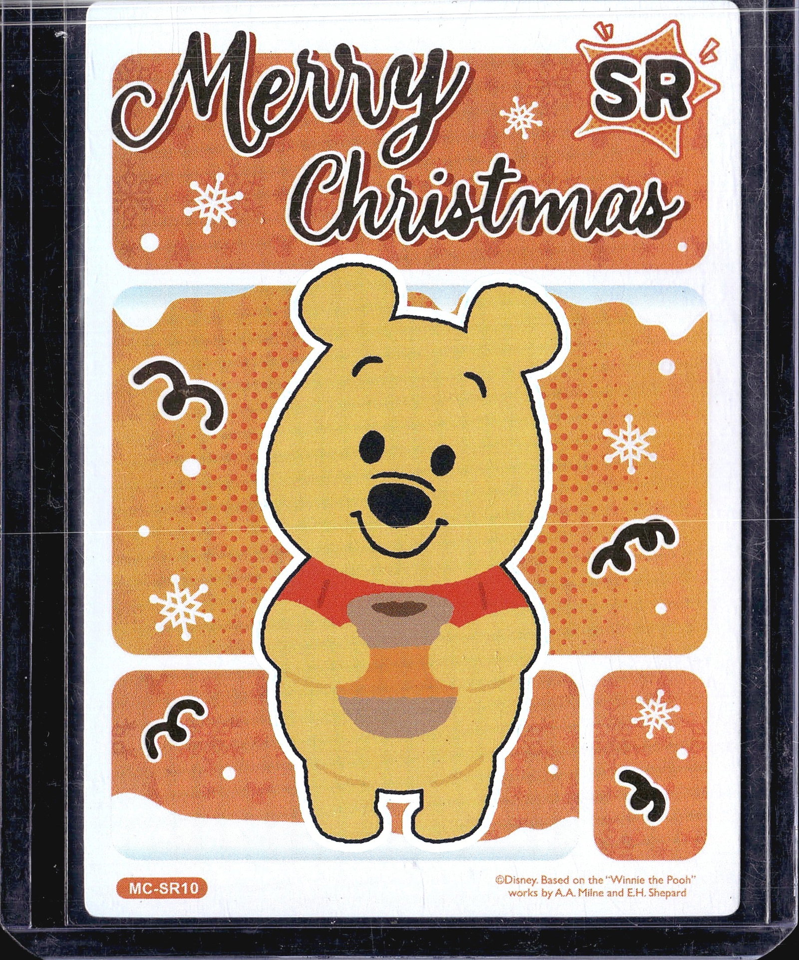 2024 Card Fun Merry Christmas SR10 SSR Winnie: This is a Disney Winnie the Pooh Merry Christmas themed trading card numbered MC-SR10, designated as an SR (Super Rare) rarity. The card features a festive orange and warm-toned design with Winnie