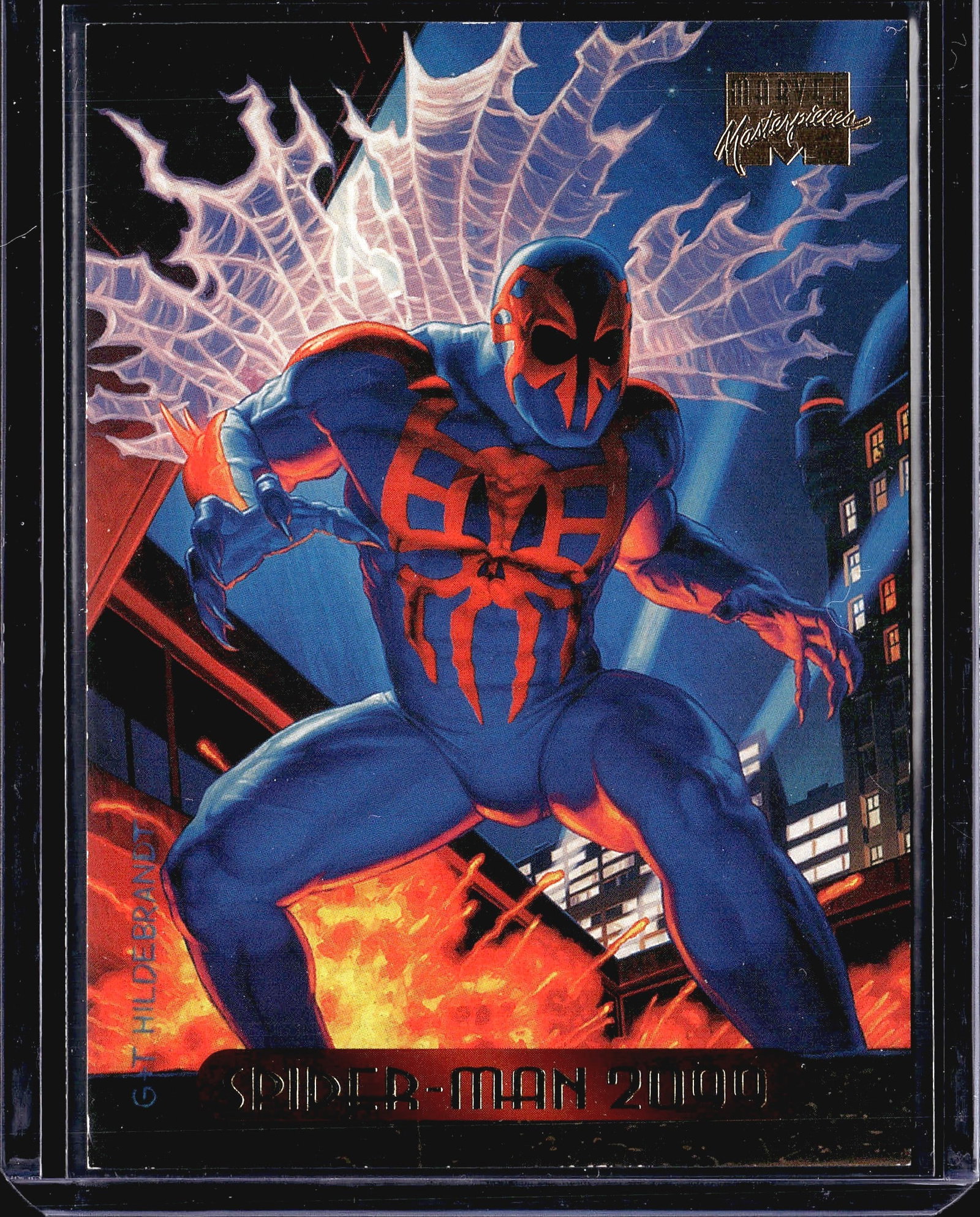 1994 Fleer Marvel Masterpieces Spider-Man 2099: This is card #116 from the 1994 Marvel Masterpieces trading card set, distributed exclusively by Fleer Corp. and licensed by Marvel Entertainment Group. The card features Spider-Man 2099 (Miguel O'Har